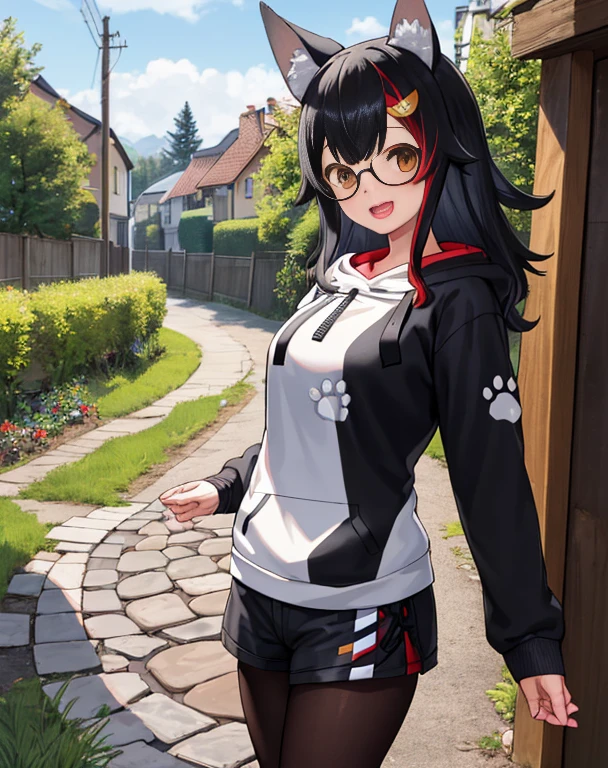 1 girl, alone, garden, wood, cobblestone road, cowboy shot, :d, Mio Parker, medium hair, hair ornaments, black hoodie, white hoodie, (paw print), red frame glasses, short shorts, black pantyhose, wolf tail