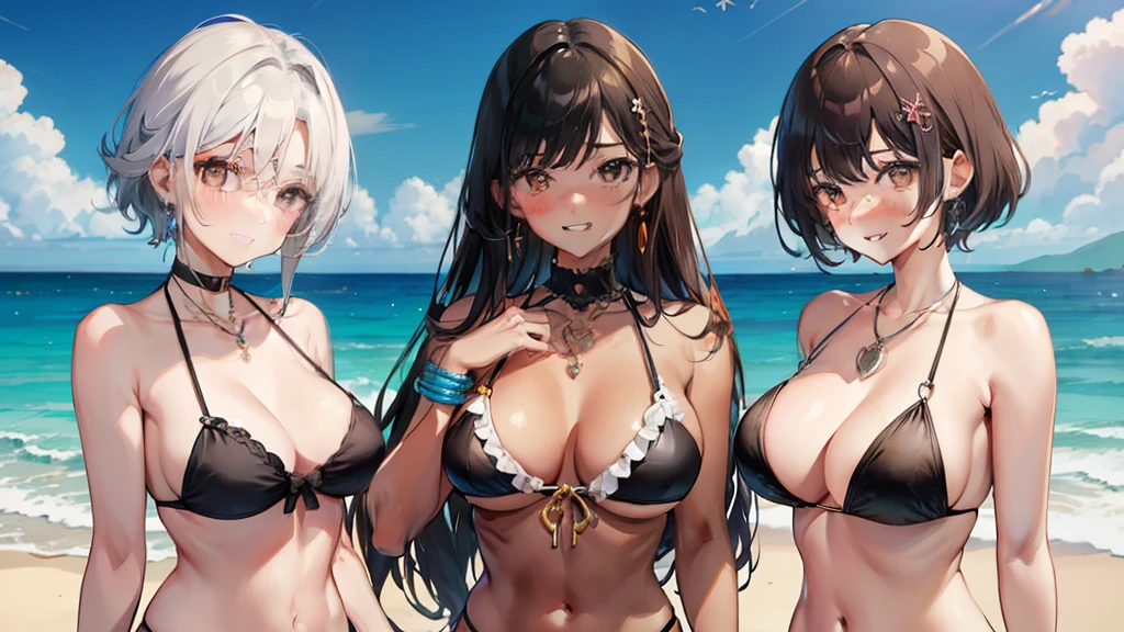 three girls, animal print, bikini, black bikini, black hair, blonde hair, blue null, blush, bracelet, breast press, chest, brown eyes, brown hair, building, cleavage, cloud, cloudy null, clavicle, 浅black skinの女性, black skin, Day, earrings, embarrassing, frilled bikini, girls sandwich, grin and laugh, Improve, heart necklace, jewelry, large chest, long hair, looking at the viewer, mole, mole under eye, multiple girls, belly button, necklace, nose blush, outdoor, Sandwiched, short hair, side-tie bikini, side tie panties, null, small chest, smile, swimsuit, tan, tanlines, white bikini, gal、マイクロbikini