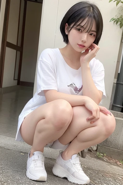 ((1girl)),Very beautiful girl,18 year old girl,(Japanese street),((8KCG of highest quality)),(Intricate details),(High precision color photo),Professional photo,( (Perfect proportions)), (Black hair), (Short hair), (Shiny skin, pure white skin, fine skin), (Beautiful hands, comfortable hands), Beautiful bare legs, Squatting, Miniskirt ,Underwear visible, crotch visible, cameltoe, legs spread in an M shape, beautiful thighs