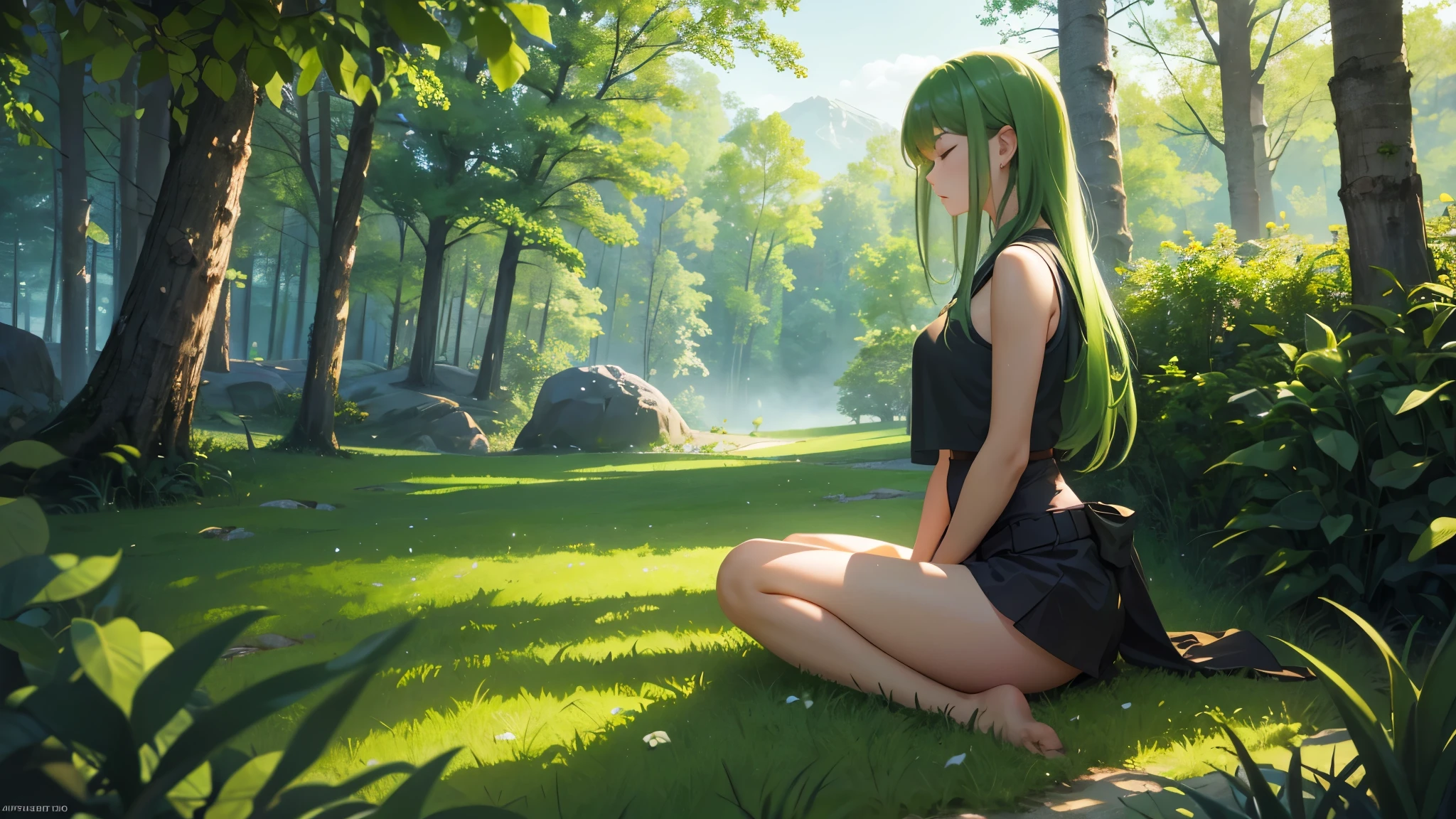Girl sit in meditation pose green landscape closing her eyes feel the nature of ambient to reset her mind go deep inside her soul to communicate with alpha wave