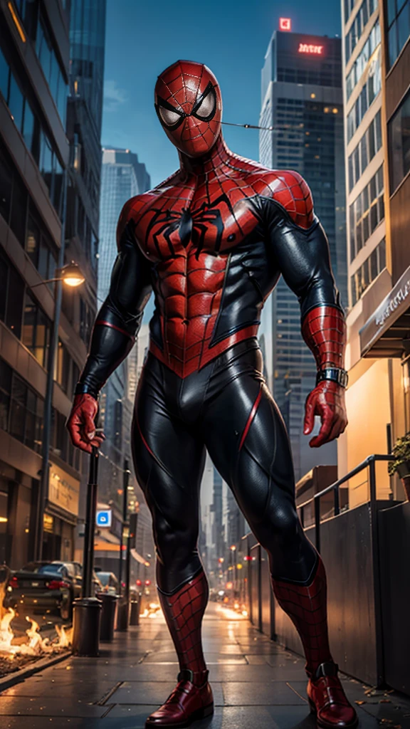 female black spiderman，whole body，stand，skyscraper top，ios deep scene，