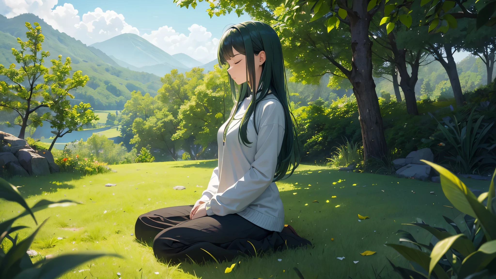 
Girl sit in meditation pose green landscape closing her eyes feel the nature of ambient to reset her mind go deep inside her soul to communicate with alpha wave 

