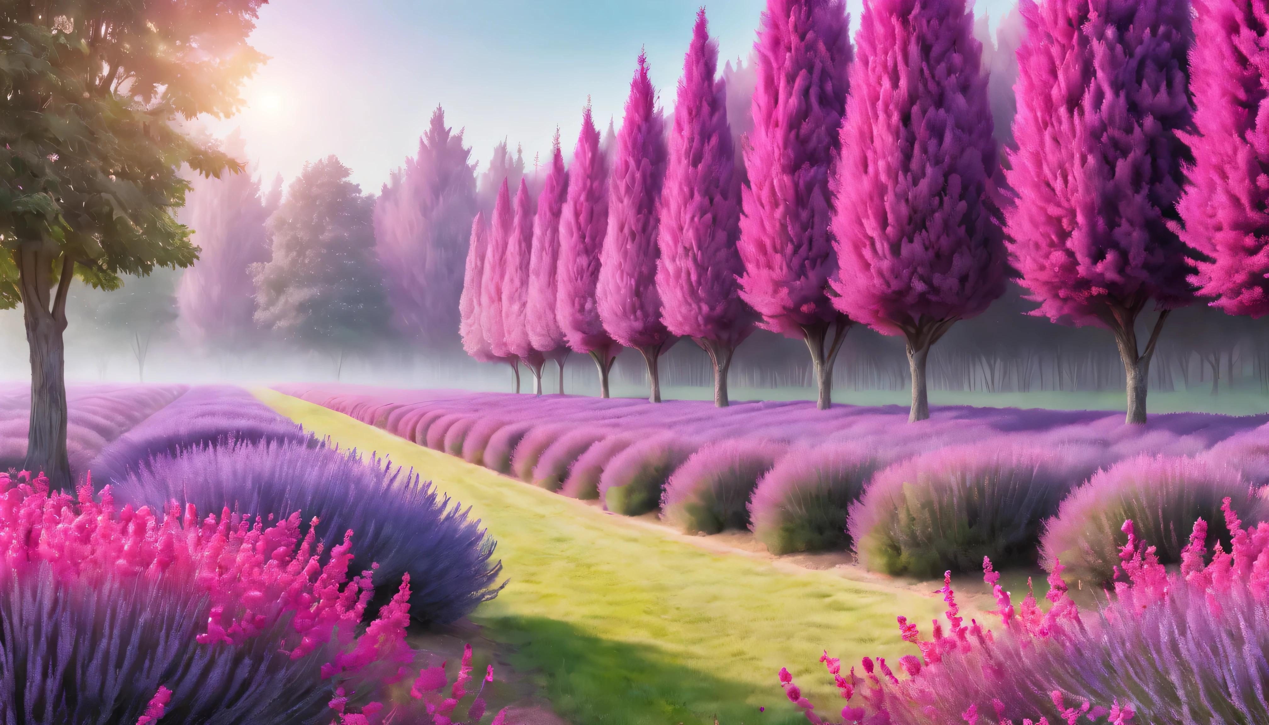 field with wall of trees with colores rosa pastel y fucsia with lavenders and fuchsia plants in front, día soleado, Híper realista, Obra maestra, colores rosa pastel y fucsia