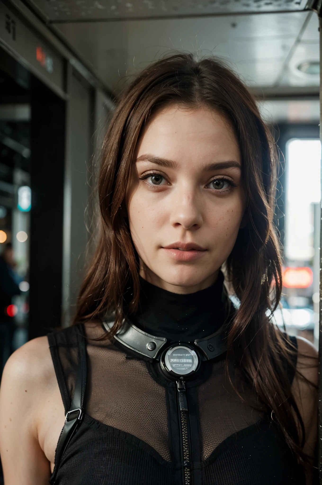 photo of a ginger woman moving side, near a car, futuristic space suit, advertising (freckles:0.8) cute face, sci-fi, dystopian,