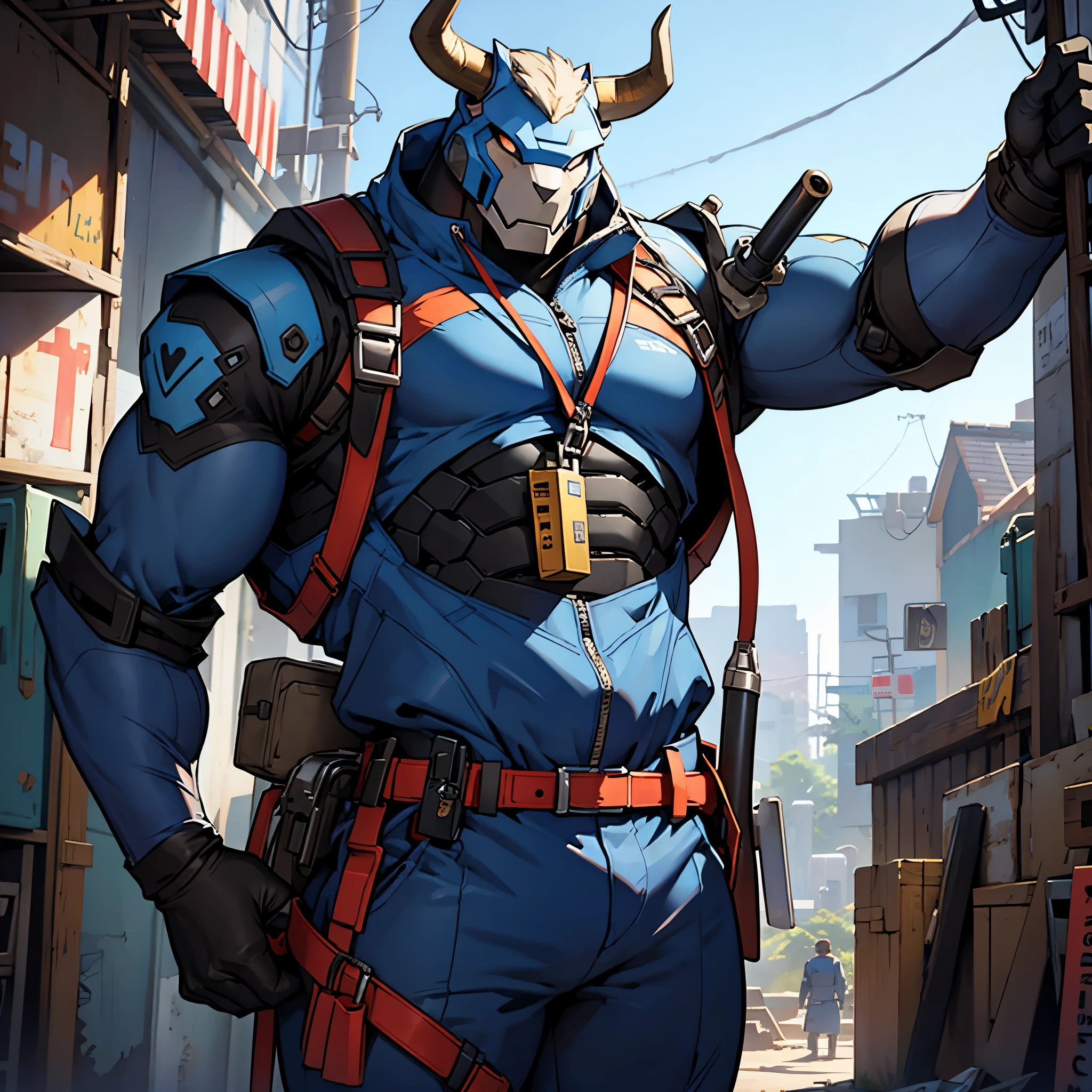 Minotaur mecha man holding repair tools,place a big key icon