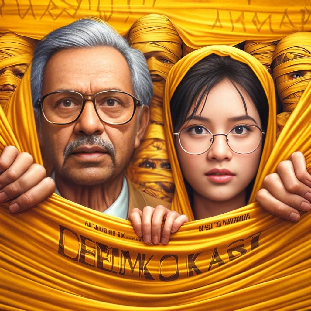 Cartoon Cinematic ART Illustration 8K poster design, a beautiful handsome couple old man and chubby young girl in glasses stuck their hand behind a piece of yellow cloth like mummies that pattern say "DEMOKRASI", the best 3D rendering.