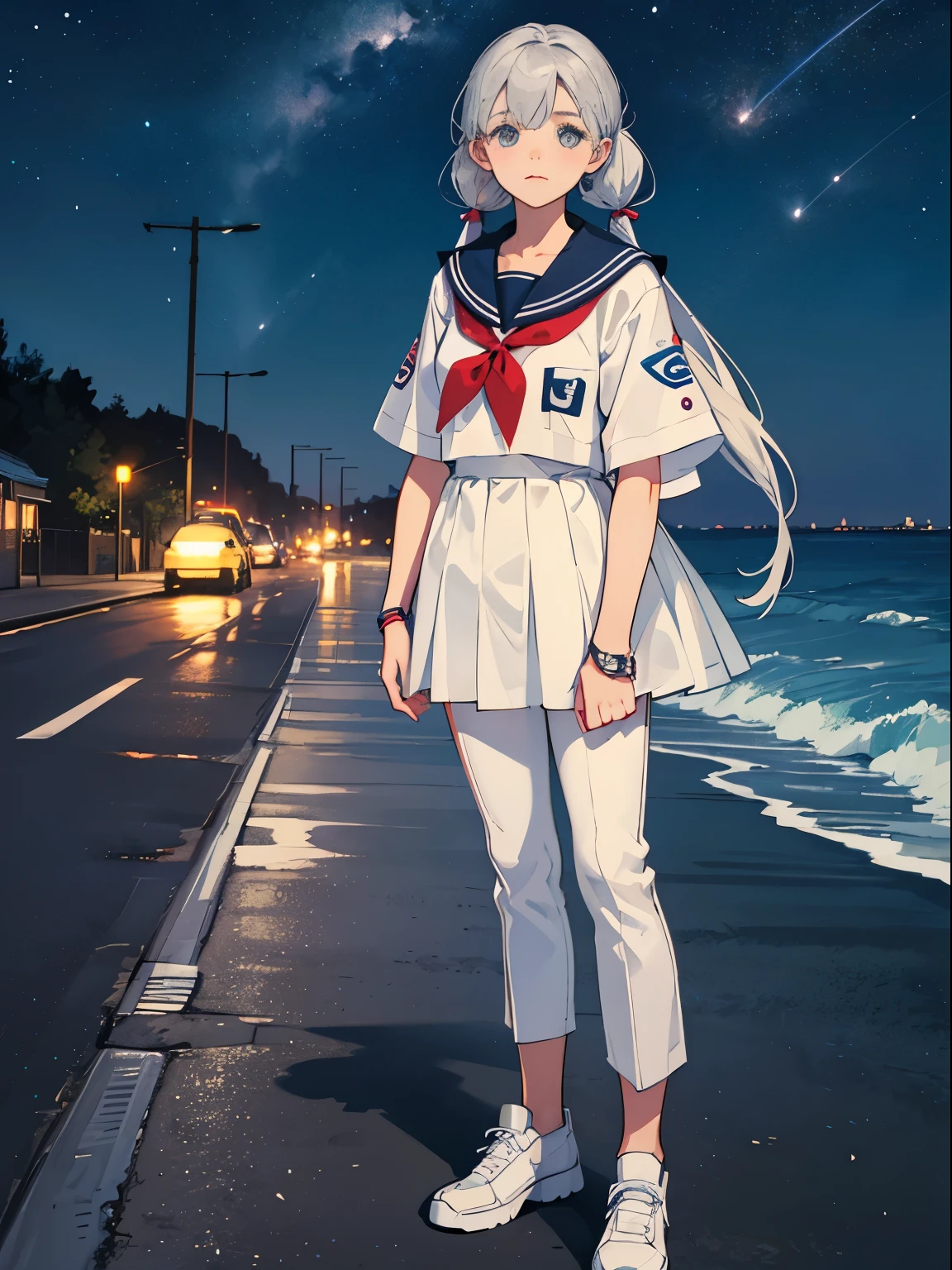 Seaside road,Cute detailed girl, sailor suit, summer vacation, Neon color, motorcycle,(long silver twintails)、master piece、High quality、Scenic spots、evening、starry sky、Incandescent effect