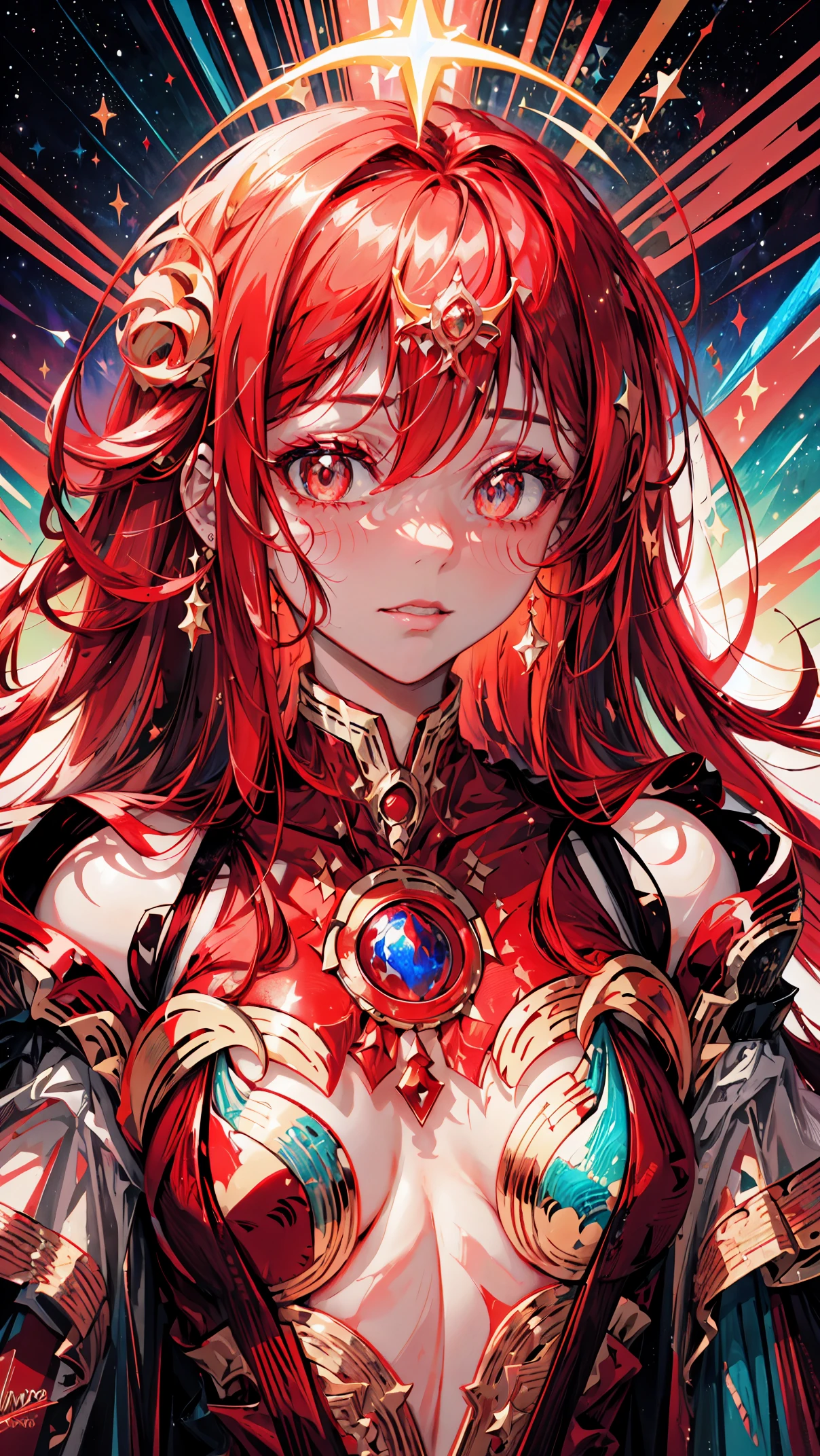 "(best quality, highres, vivid colors:1.2), ultra-detailed, a goddess made of stars and space, red color scheme, cosmic beauty, ethereal presence, radiant glow, flowing celestial dress, mesmerizing eyes, starry hair, celestial crown, majestic aura, captivating beauty, cosmic power, otherworldly grace, celestial backdrop, divine energy, cosmic magic, celestial glow, sparkling stars, intergalactic beauty, fiery red hues, celestial goddess, cosmic queen, red nebula, heavenly figure, celestial elegance, cosmic enchantment, resplendent beauty, starry universe, cosmic creation, celestial radiance, red cosmic essence, cosmic harmony, celestial serenity, red cosmic fire, divine connection, cosmic transformation, red cosmic dust, celestial symphony, red cosmic illumination"