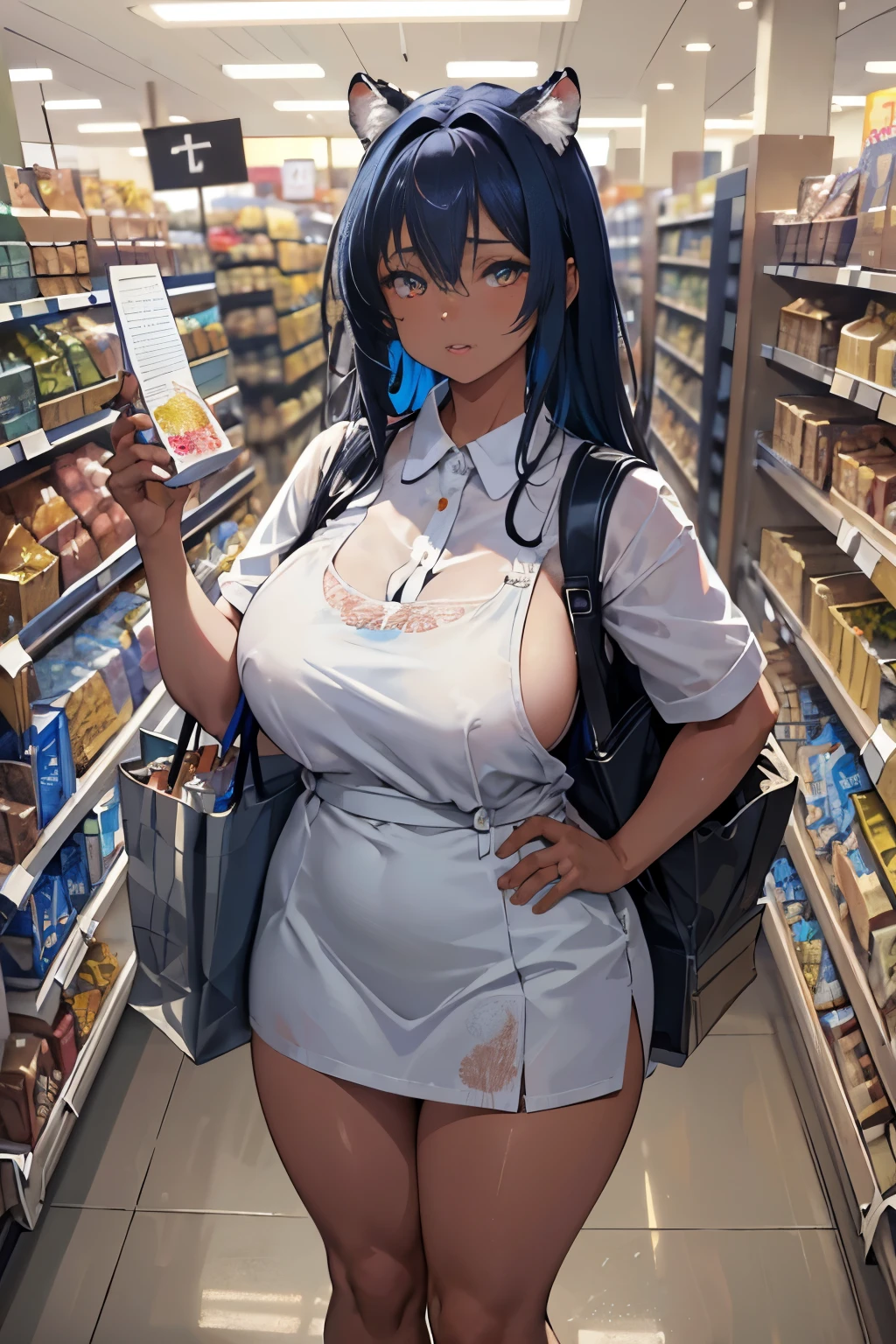 NSFW, 1girl, official anime art illustration, tiger ears, white curly hair, (glowing blue eyes), (plump dark-skinned Hawaiian girl inside grocery store aisle), perfectly photorealistic, incredibly detailed, 8k, UHD, masterpiece, best quality, ultra detailed, intricate,
