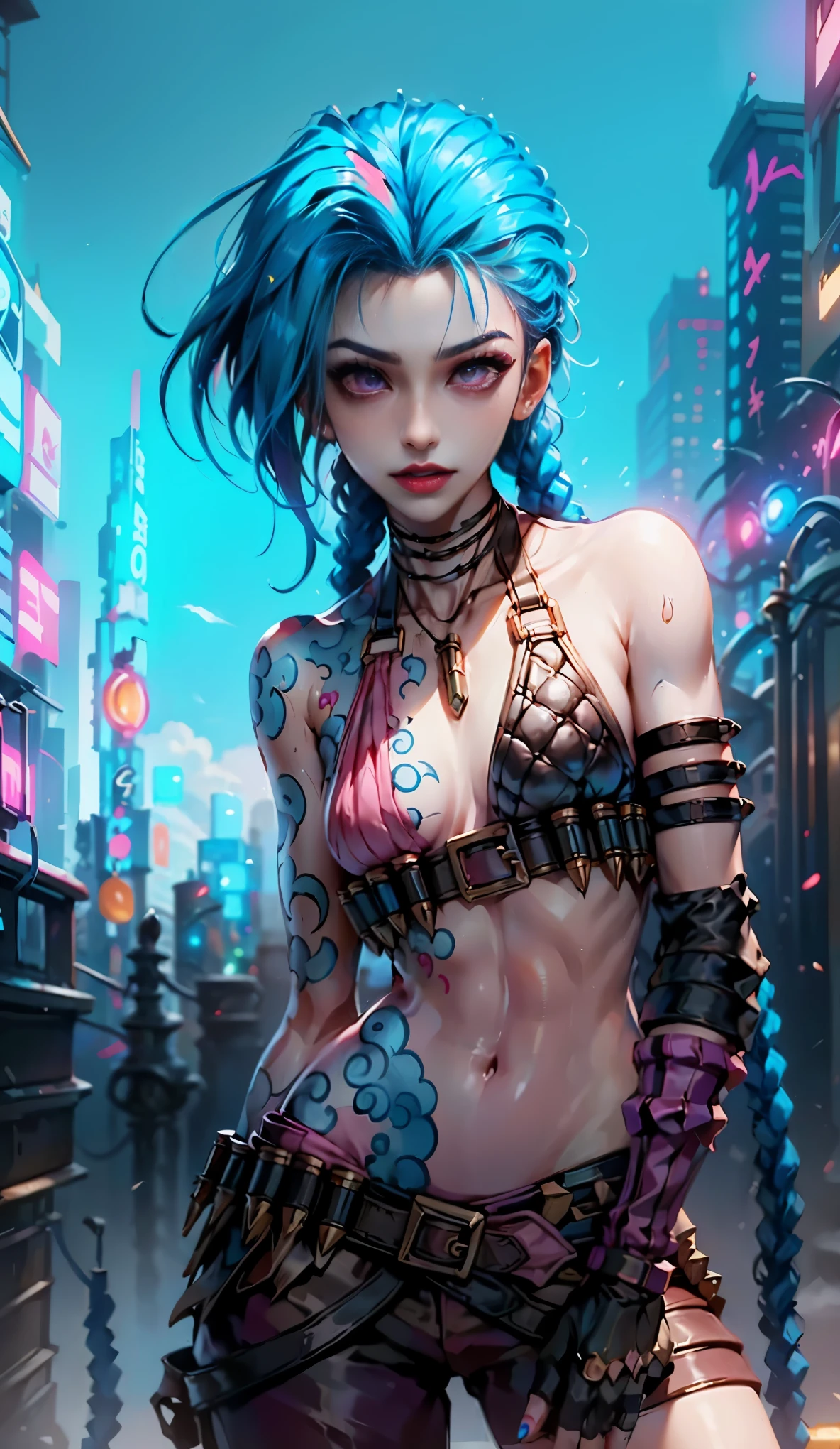 jinx arcano, uma mulher com cabelo azul e tatuagens, mulher cyberpunk mulher anime, pants, Deusa cyberpunk raivosa bonita, estilo de arte cyberpunk, arte digital de anime cyberpunk, arte de anime cyberpunk, Arcane Jinx Retrato, arte de anime cyberpunk, arte com tema cyberpunk, cyberpunk fantasia sombria, estilo arcano, 1 garota, cloud tattoo on the arm, asymmetrical bangs, franja, cabelo azul, blue braids, camisa marrom, tatuagem de nuvem, lateralmente, cabelo azul, cabelo longo, olhos cor de rosa, Red lips, standing , tatuagem de nuvem, twin braids. azarar de arcano. azarar. azarar, Arcane \(Liga das Lendas\