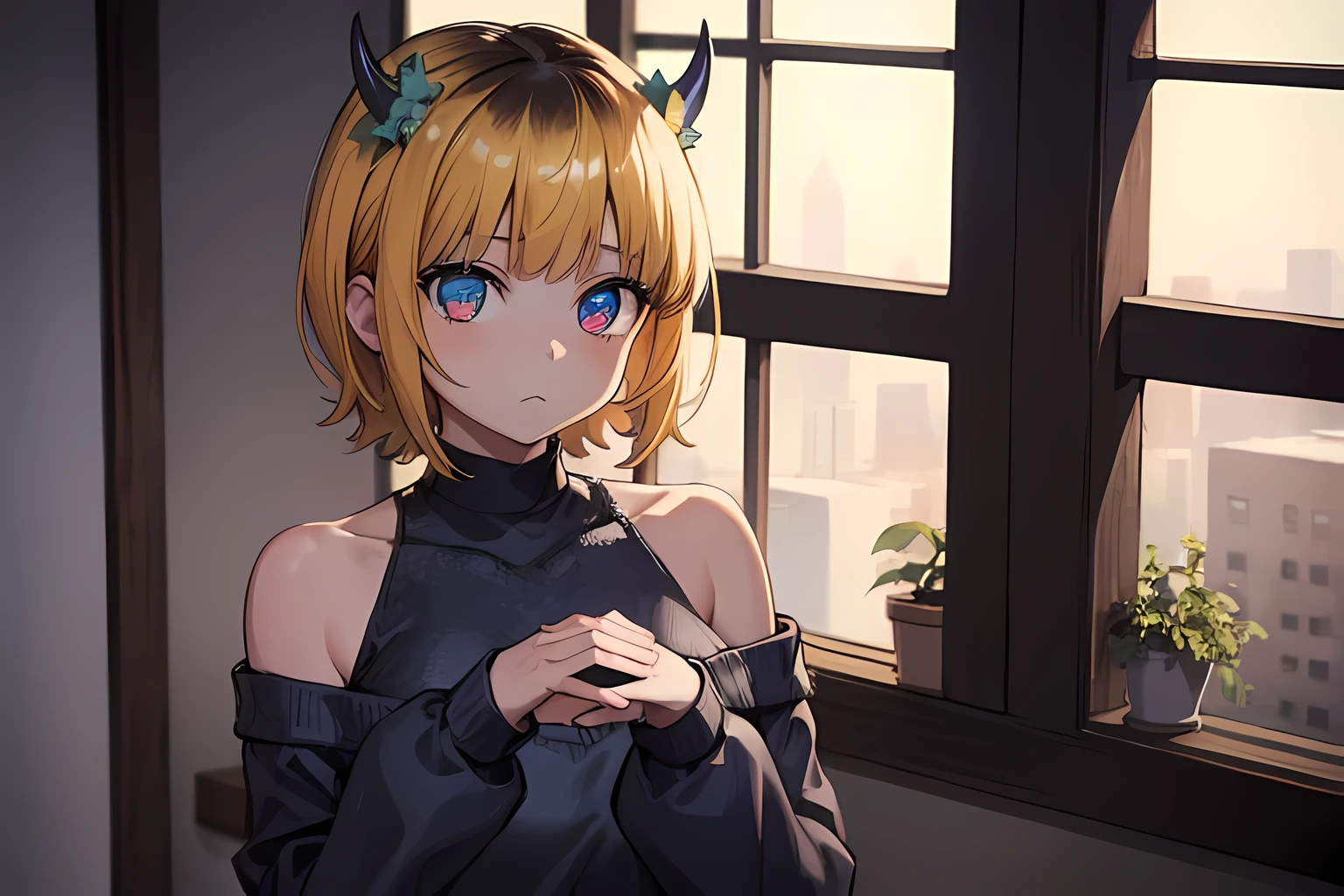 1girl in, MEMcho, Blonde hair, Blue eyes, Blunt bangs, Demon Horns, fake horns, Horns, Short hair,
BREAK bare shoulders, Black skirt, (Blue sweater:1.5), Long sleeves, off shoulders, off-the-shoulder sweater, Puffy sleeves, Skirt, Sweaters, White ribbon, Standing,
Blake House, windows, drapes, houseplant,
BREAK looking at viewer,
BREAK (masutepiece:1.2), Best Quality, High resolution, Unity 8k壁纸, (Illustration:0.8), (Beautiful detailed eyes:1.6), extra detailed face, Perfect Lighting, extremely details CG, (Perfect hands, Perfect Anatomy)
