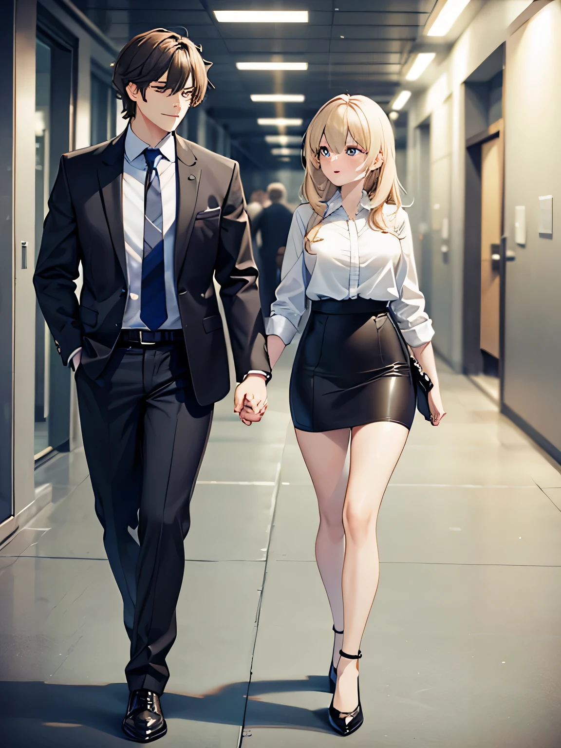 1,A male and female couple walking hand in hand.
2,That woman is the president of the company, With a mature look, long hair, and sexy, gorgeous suit.
3,The man is a newly hired secretary., with shaggy hair, , and no mustache or beard.
4,The location is the hallway of the company..