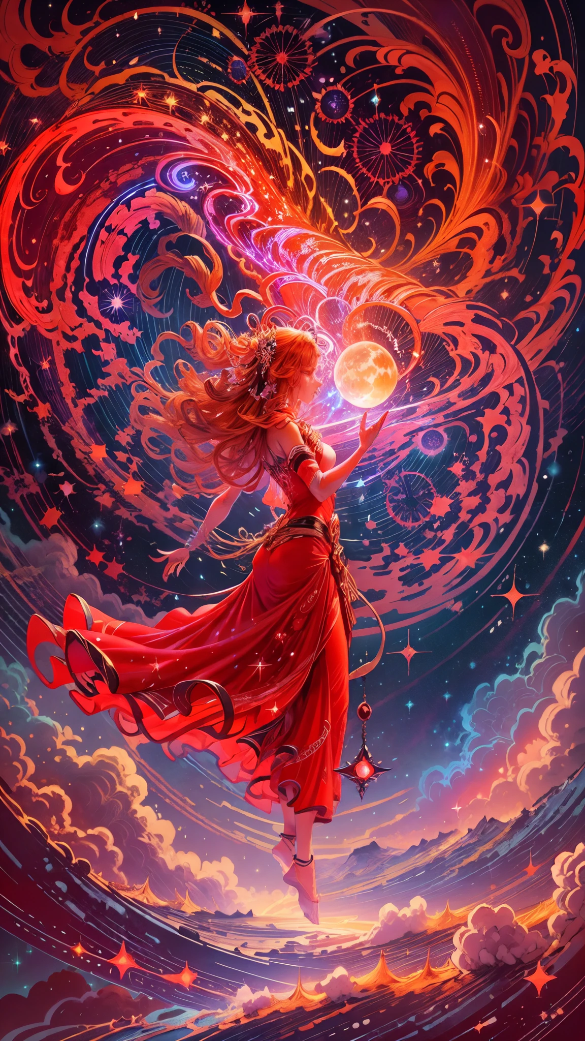goddess made of stars and space,red colours,celestial features,long flowing hair,expressive eyes,graceful pose,galaxy background,pulsating stars,glowing nebulae,shimmering auroras,ethereal beauty,cosmic energy,majestic presence,breathtaking celestial attire,mysterious aura,cosmic dust,floating galaxies,sparkling stardust,celestial goddesses,red cosmic flames,luminous cosmic halo,vivid red hues,celestial harmony,mesmerizing celestial dance,vibrant cosmic rays,fiery bursts of energy,radiant star clusters,red celestial collisions,red cosmic swirls,illuminated cosmic particles,dazzling starry trails,red cosmic rays,celestial transcendance,red nebulae,red star clusters,red celestial rivers,red interstellar journey,serene bliss amongst the stars,vivid red celestial realms,colossal red supernovas,red cosmic vibrations,celestial red songs.