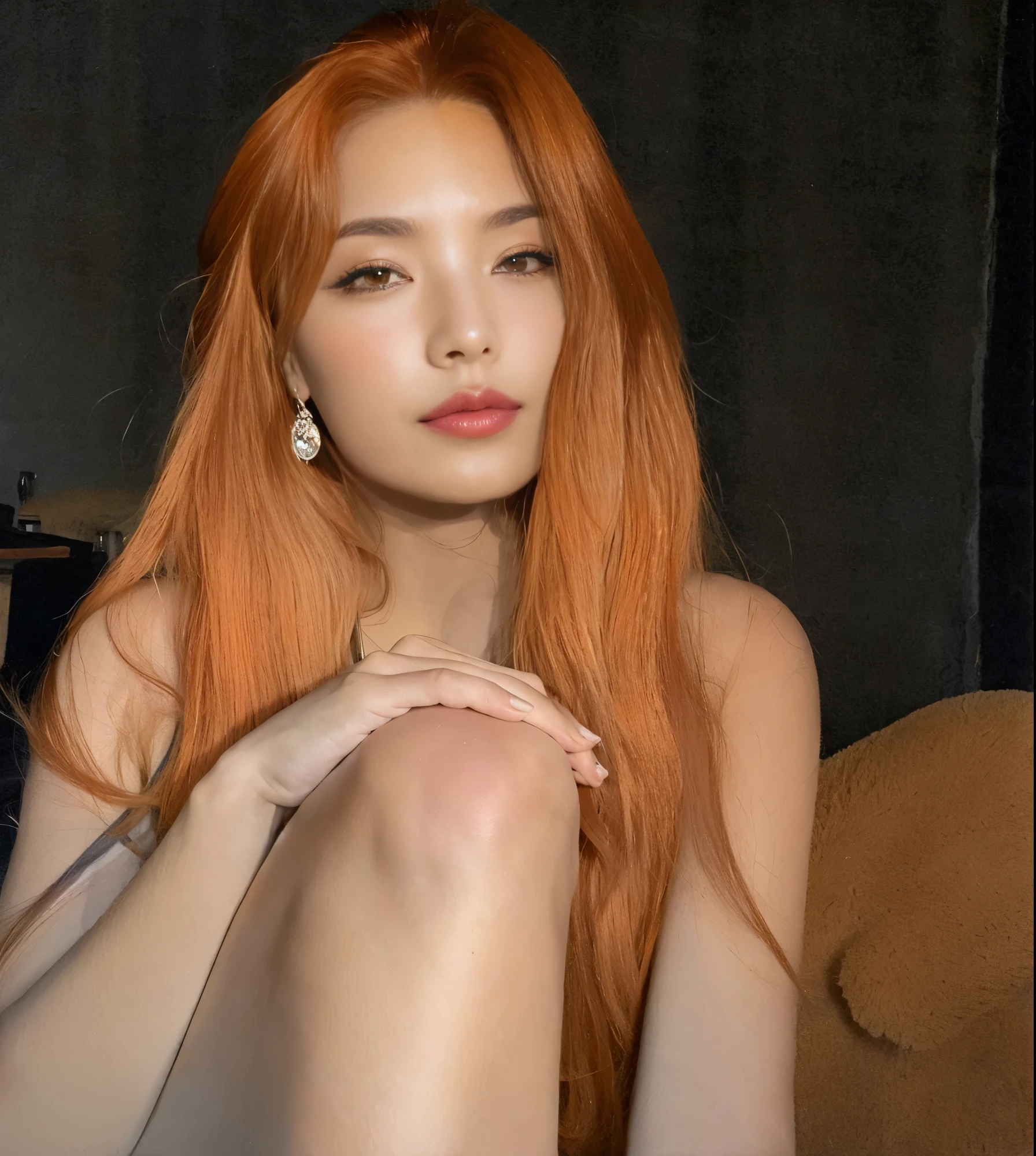 There's a woman with long red hair sitting on a couch, cerveja madison como leeloo, ela tem longos cabelos castanhos alaranjados, she has long redcabelo laranja, pele laranja e cabelos longos e ardentes, cabelo laranja brilhante, long cabelo laranja, cabelo laranja, Bella Poarca, very long cabelo laranja, Cerveja suave rainha do diabo madison, longos cabelos ruivos brilhantes, quanto