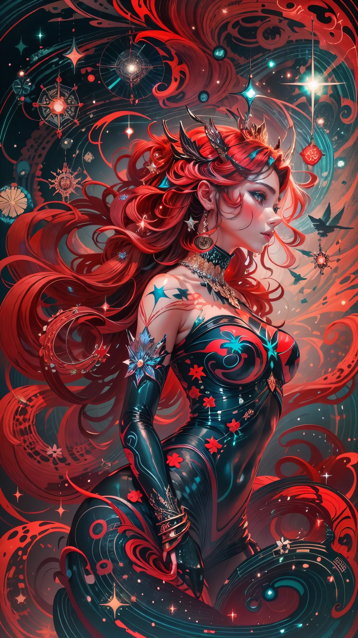 a goddess made of stars and space with her colour scheme being predominantly red?