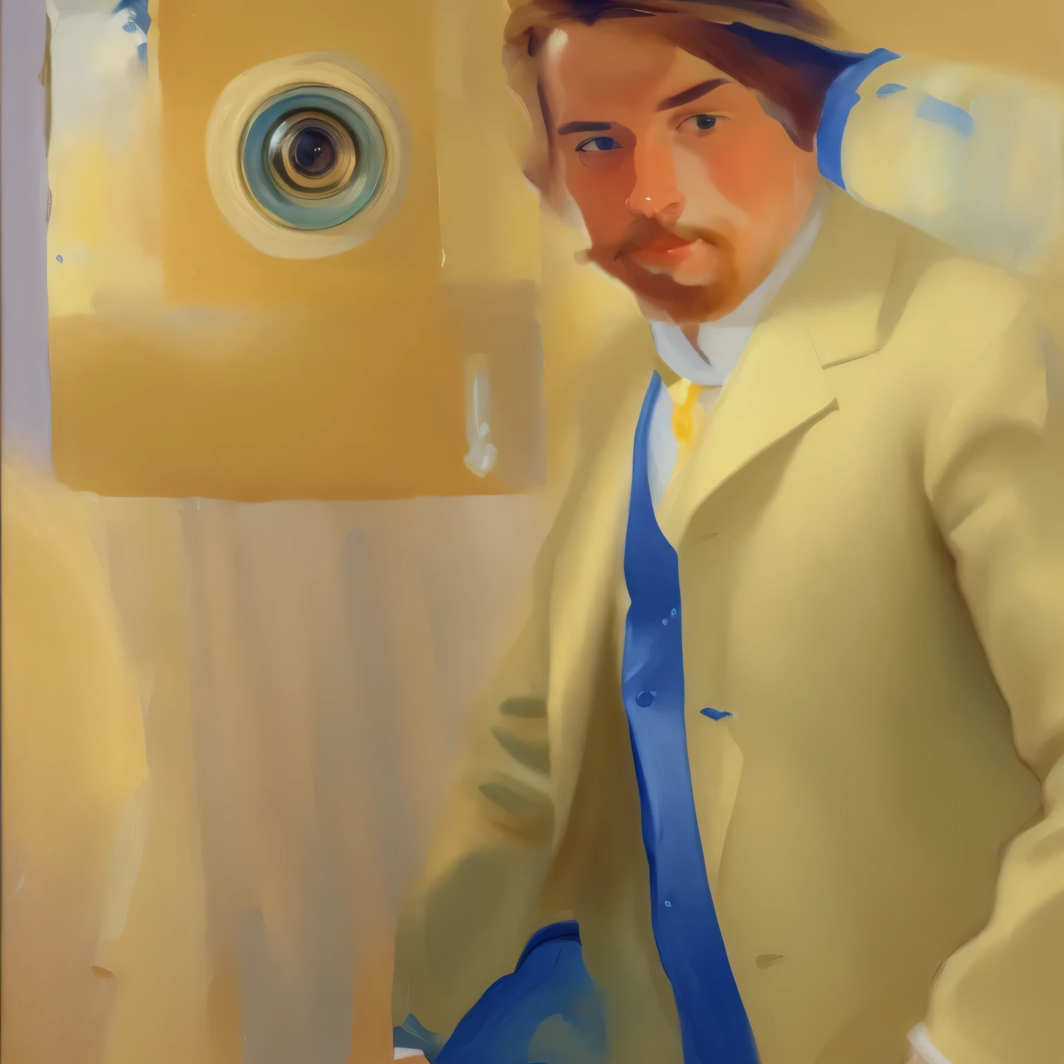 painting of a man in a suit leaning against a camera, looking directly at the viewer, looking at the viewer, self - portrait, self-portrait, self portrait, the first selfie on earth, looking at the camera, joaquin sorolla, staring at the viewer, selfie of a man, looking directly at the camera, joaquin sorolla ) ), single portrait