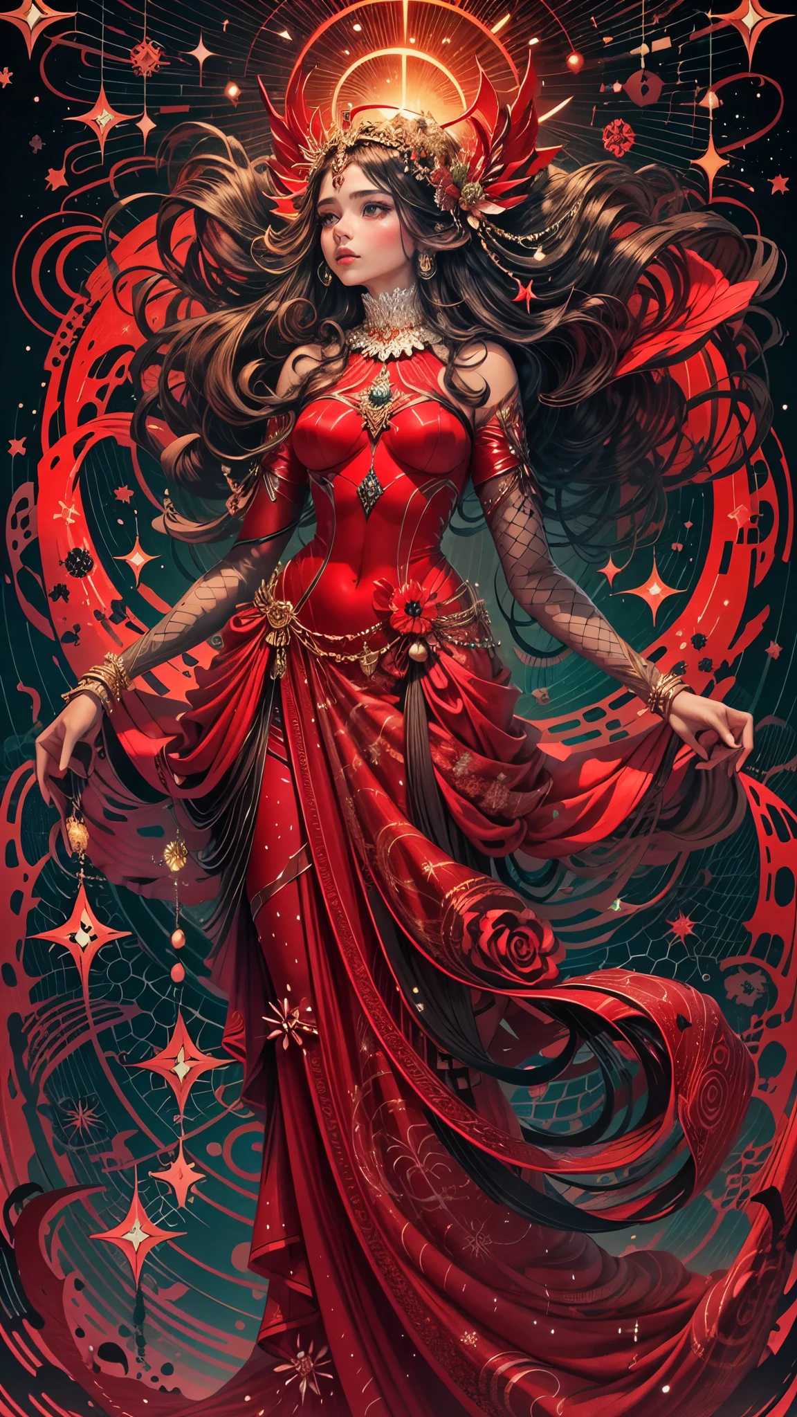 a goddess made of stars and space with her colour scheme being predominantly red?