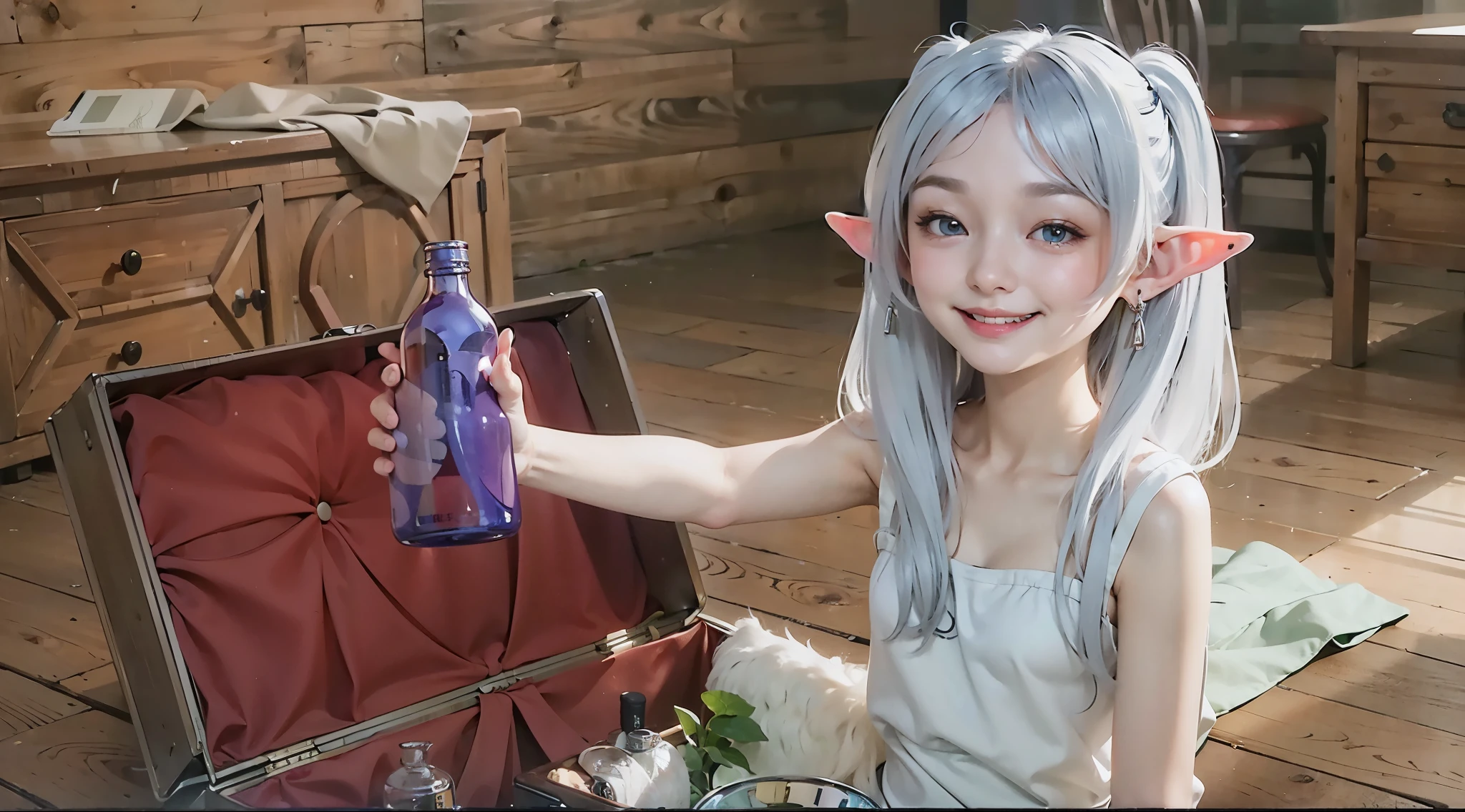 (Smirk:1.6),25 years old、Adult woman：1.1、green eyes：1.2、purple bottle、white clothes、silver eyebrows：1.3、high elf：1.2、elf ears、beautiful ears、silver hair：1.2、short eyebrows、twin tails、red earrings：1.2、detailed hair、movie writing、(best quality, 8K, 32K, muste piece, ticker:1.2)