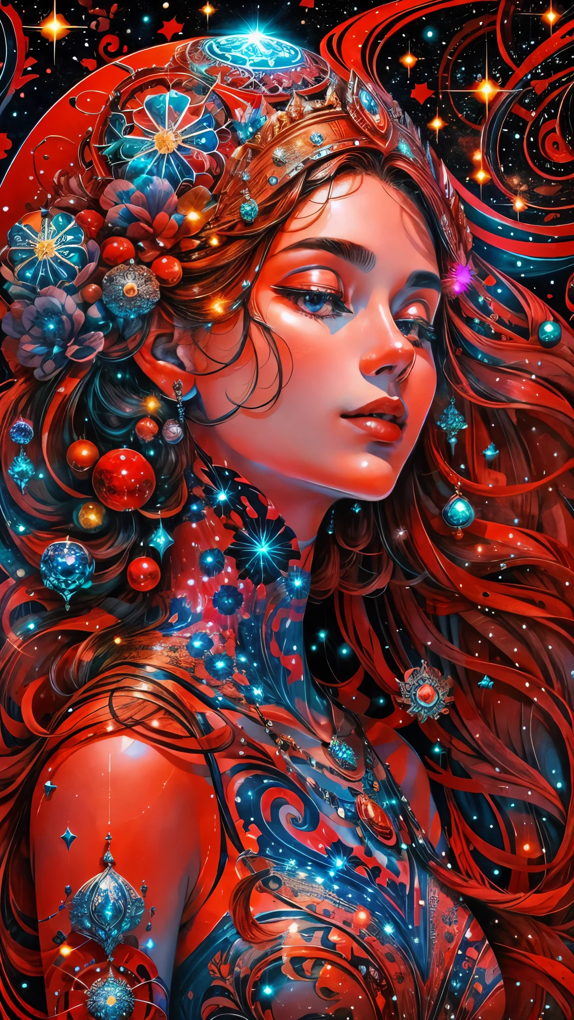 a goddess made of stars and space with her colour scheme being predominantly red?