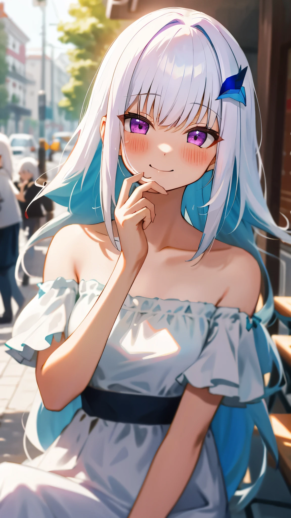 One girl with long hair, bangs, white hair, blue inner hair:1.25) , purple eyes, looking at viewer, blushing, little smile, outdoor, cafe, table, sitting, white dress, bare shoulders, collarbone, short sleeves, mid-chest, day atmosphere, hair ornament, medium breasts, upper body, focus, blurry background, food, hands in face