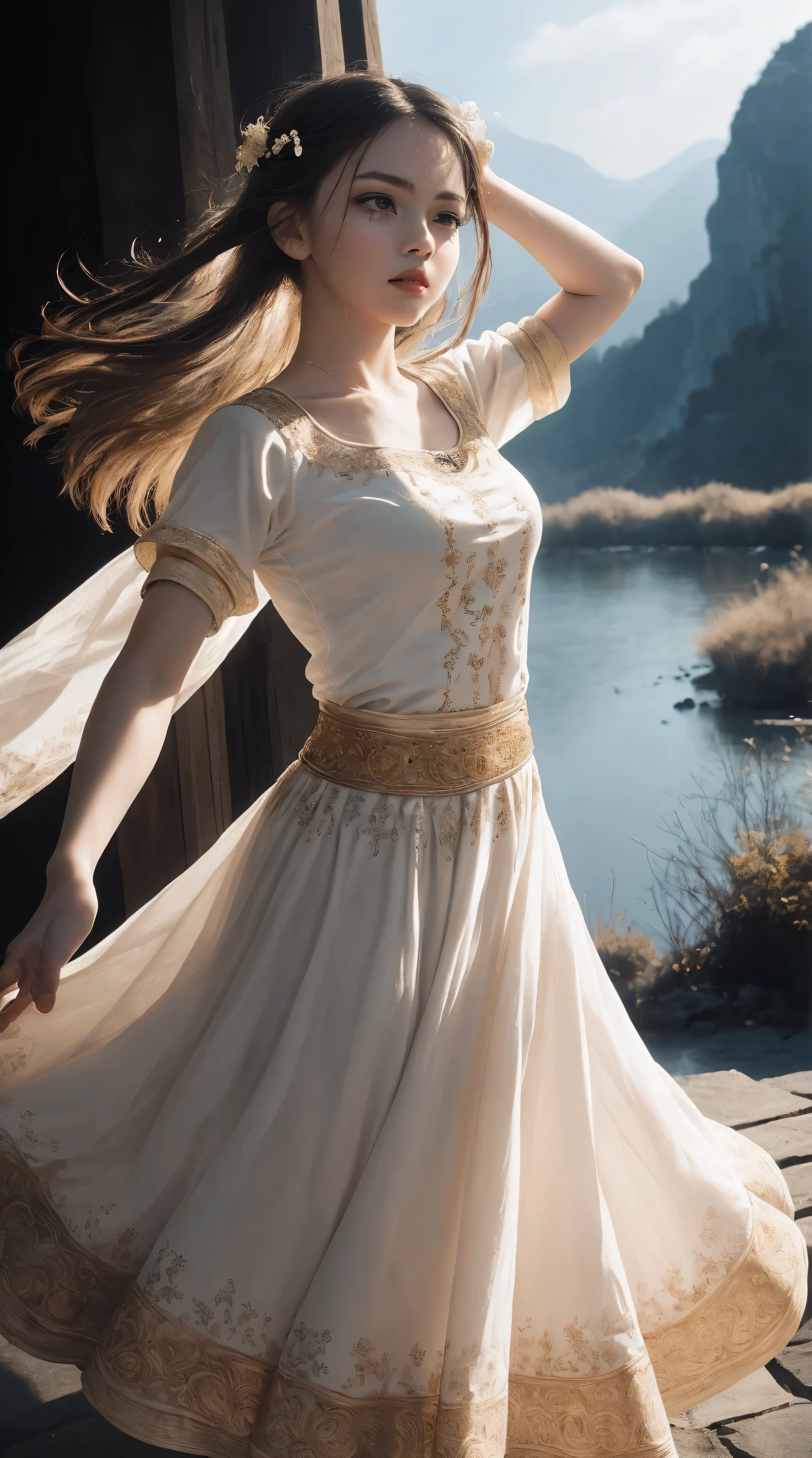 (girl:1.1), (Serbian), (traditional clothes), (anime style), (colorful), (detailed eyes and lips), (ornaments in her hair), (beautiful landscape in the background), (soft lighting), (best quality, highres), (vivid colors), (stylized), (expressive emotions), (natural and flowing poses), (scenic location), (floral patterns), (subtle textures), (fine brush strokes), (dynamic composition), (cinematic atmosphere), (playful yet elegant), (captivating storytelling), (exquisite details), (dramatic lighting and shadows), (authentic cultural elements), (fierce and proud expression), (traditional dance pose), (unique and captivating), (serene and peaceful ambiance), (intricate patterns), (nostalgic aesthetic), (graceful movements), (energetic brushwork), (emotional depth), (harmonious colors), (dream-like atmosphere), perfect body 