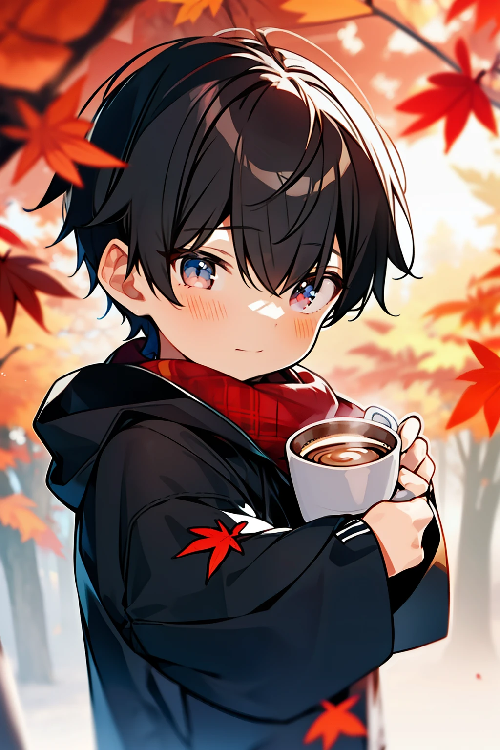 little boy,1 male,Shota,Short black hair,red eyes,Depicts delicate eyequisite facial features,hood,Extreme details,Delicate depiction,garden,autumn,maple叶,maple,Latte,Confectionery,afternoon,Depth of field effect,upper body,Q version,。