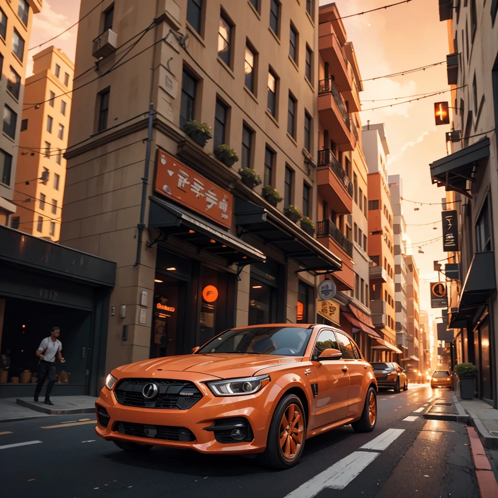 chase scene, a peachy orange color SUV leads a luxury sedan through a narrow street under the ambush fire, futuristic style, depth of field, motion blur, cinematic lighting, jpeg artifacts, 16K, masterpiece, ccurate, super detail, high details, high quality, award winning, best quality, highres