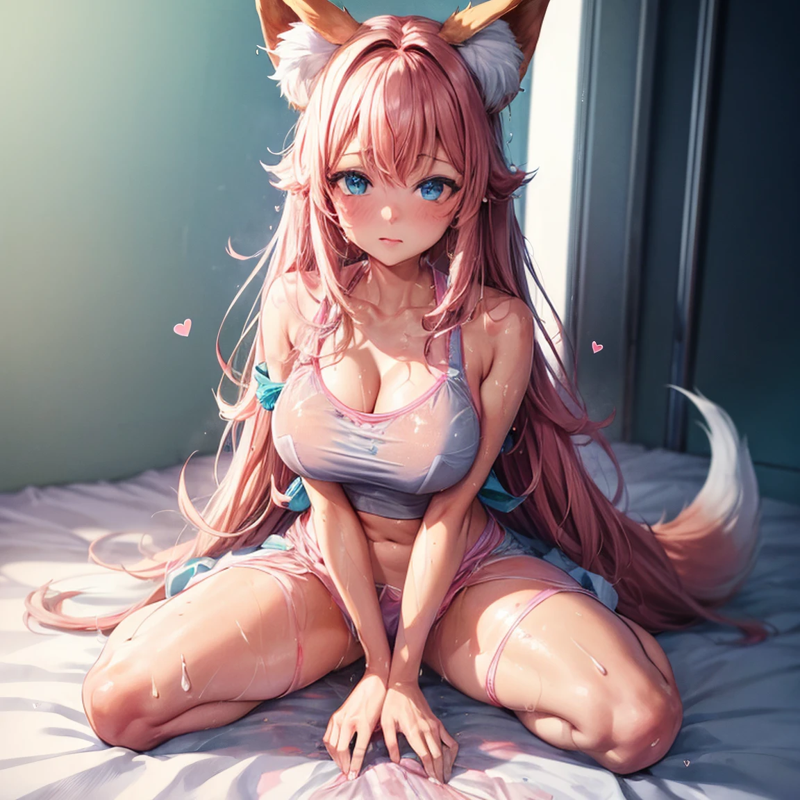 One girl anime styled。girl with。Blue eyes。 in estruig fox Tail。Looking at the camera,fox ear, pink hair, white crop top, fox tail, girl 18 old , utral light, sitting in the bedroom,hair hair, wear pantie, wear dress, salon,Wet and see-through、cute little、blushed、Chest cleavage、thighs thighs thighs thighs、No bra、witheout panties、high-level image quality、Vivid、high detailing、(( breast: 1.2)), ((blush face: 1.3)),((wet clothes:1.5)),wear white legwear,pink bikini,,((peeing:1.5)),((blushing face:1.4), (heart-shaped pupil:1.4), (sweaty:1.5), open months, ((full body))