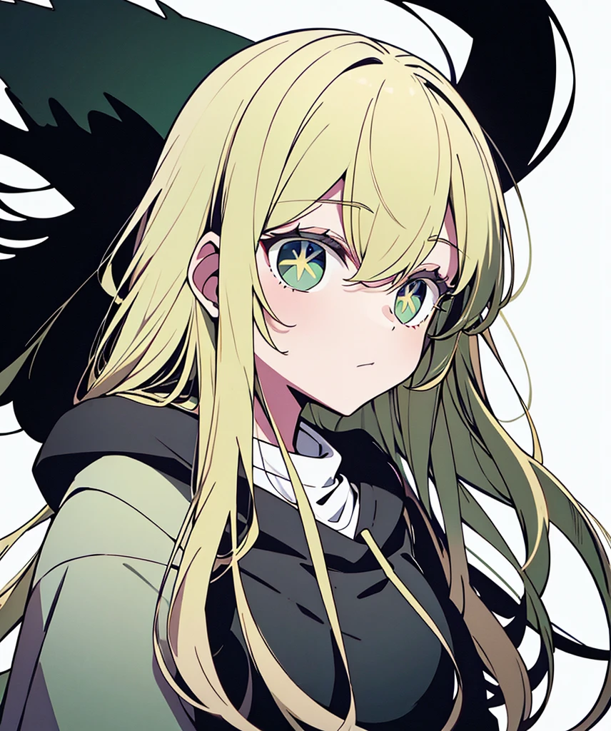 blonde,green eyes,black hoodie,long hair,wavy hair、white background、simple background