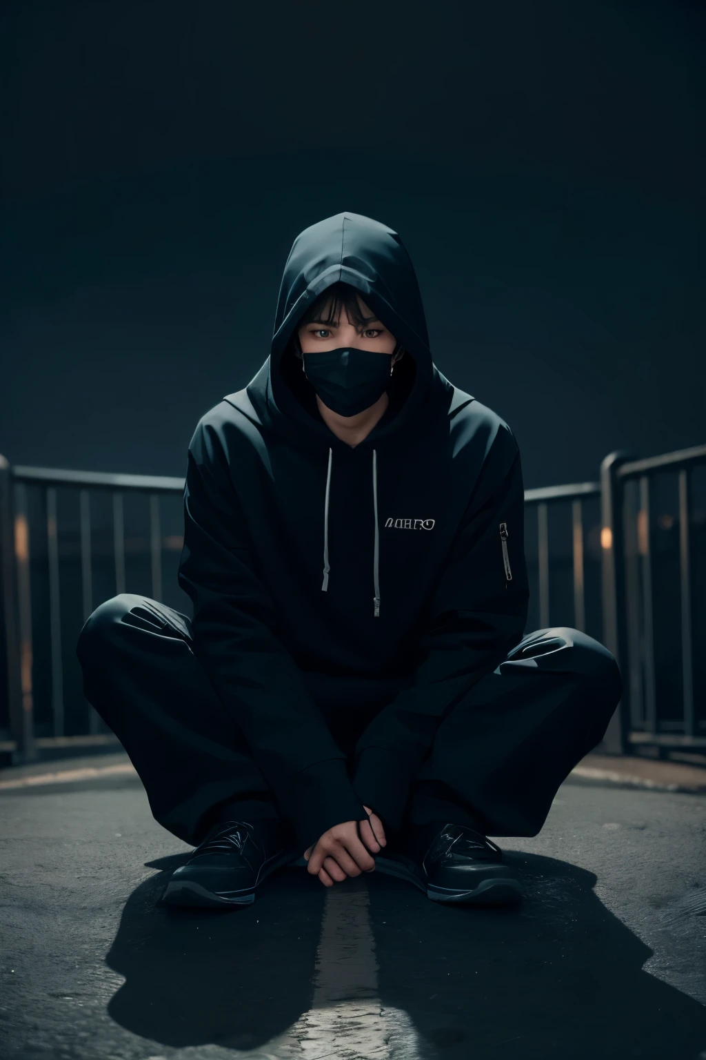 young man, black hoodie, black masker, blue eyes, night, full body, sit