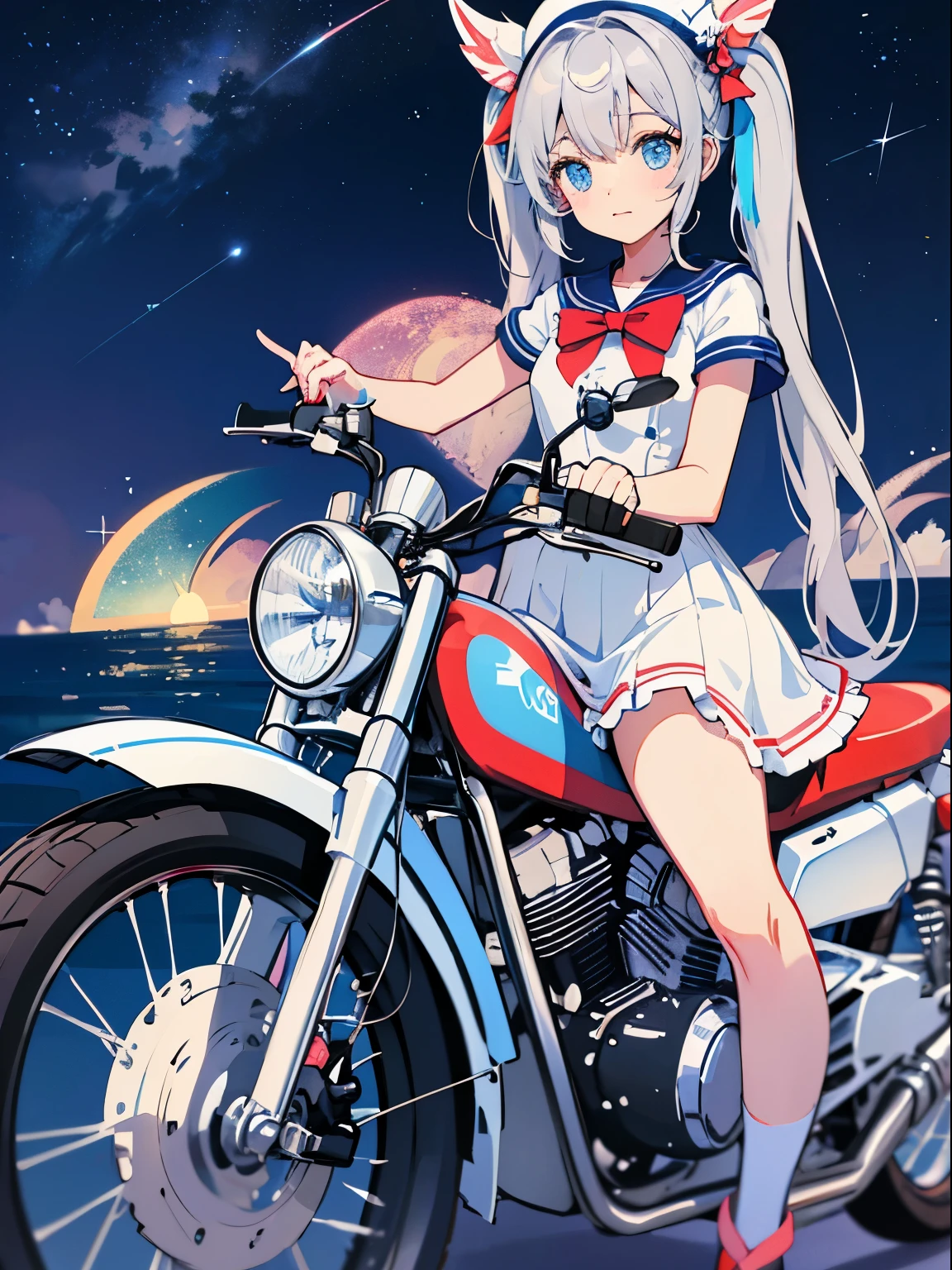 Seaside road,Cute detailed girl, sailor suit, summer vacation, Neon color, motorcycle,(long silver twintails)、master piece、High quality、Scenic spots、evening、starry sky、Incandescent effect、Magical girl