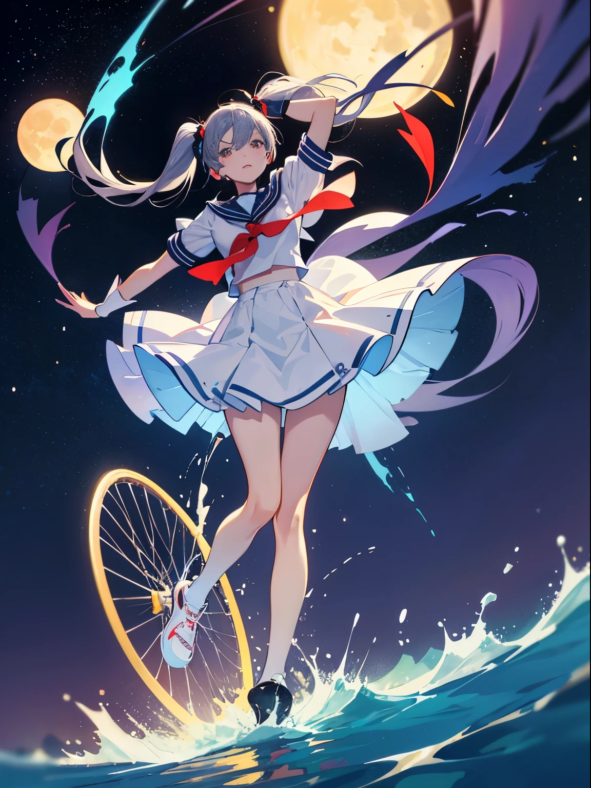 Seaside road,Cute detailed girl, sailor suit, summer vacation, Neon color, motorcycle,(long silver twintails)、master piece、High quality、Scenic spots、evening、starry sky、Incandescent effect、Magical girl