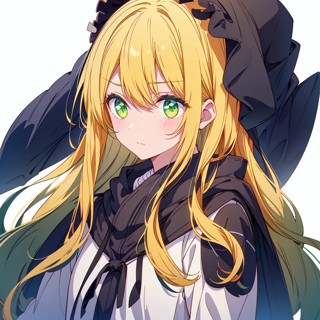 blonde,green eyes,black hoodie,long hair,wavy hair、white background、simple background