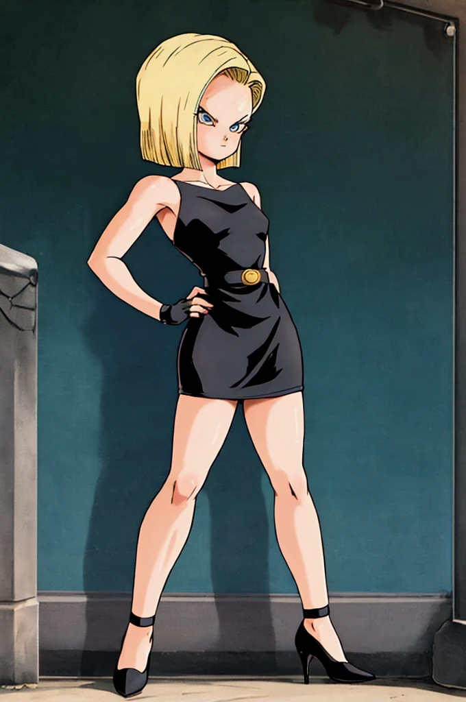 blonde hair, short hair, blue eyes, android 18,1 girl, solo, wall background, street background, short hair, hands on hip, bare shoulder, bare arms, black checker, looking at viewer, standing, strapless, short black dress, black sweetheart dress, black pencil skirt, lovely legs, black high heels, seductive, closed mouth, classic look, cowboy shot, retro artstyle, 1990s style