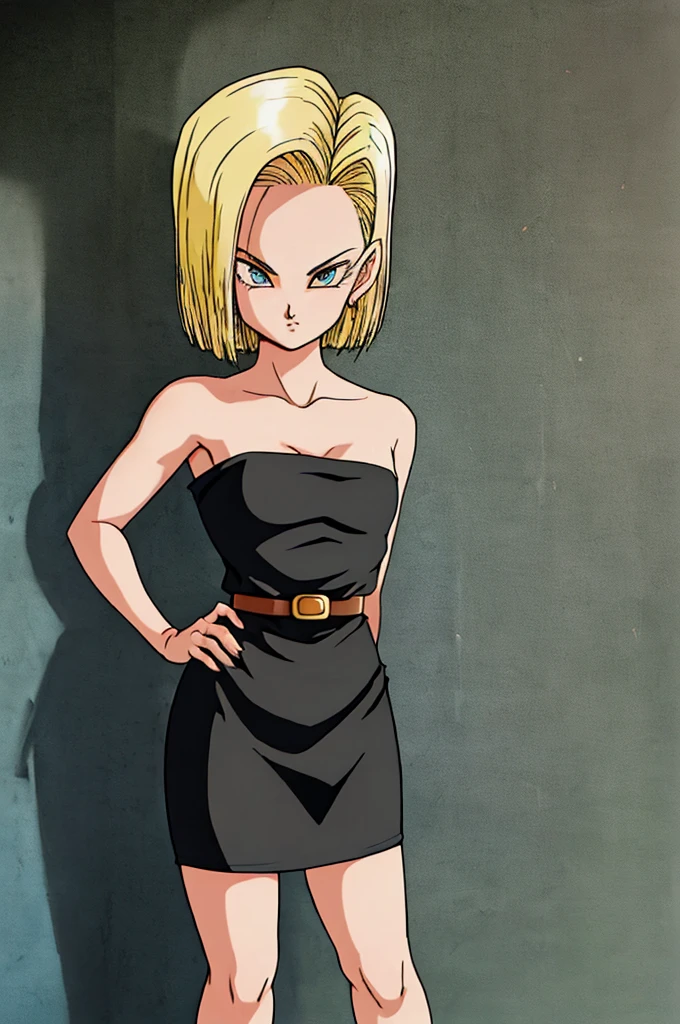 blonde hair, short hair, blue eyes, android 18,1 girl, solo, wall background, street background, short hair, hands on hip, bare shoulder, bare arms, black checker, looking at viewer, standing, strapless, short black dress, black sweetheart dress, black pencil skirt, lovely legs, black high heels, seductive, closed mouth, classic look, cowboy shot, retro artstyle, 1990s style