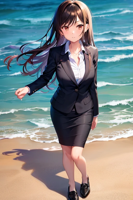 1girl, chizuru mizuhara, beach background, suit, office lady, black skirt, black blazer, pencil skirt, medium skirt, white shirt, collared shirt, long hair, teenager, looking at viewer, full body