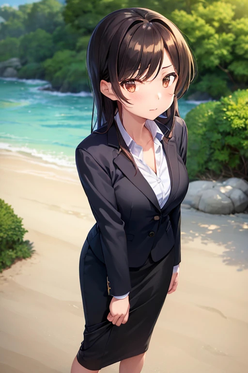 1girl, chizuru mizuhara, beach background, suit, office lady, black skirt, black blazer, pencil skirt, medium skirt, white shirt, collared shirt, long hair, teenager, looking at viewer, full body