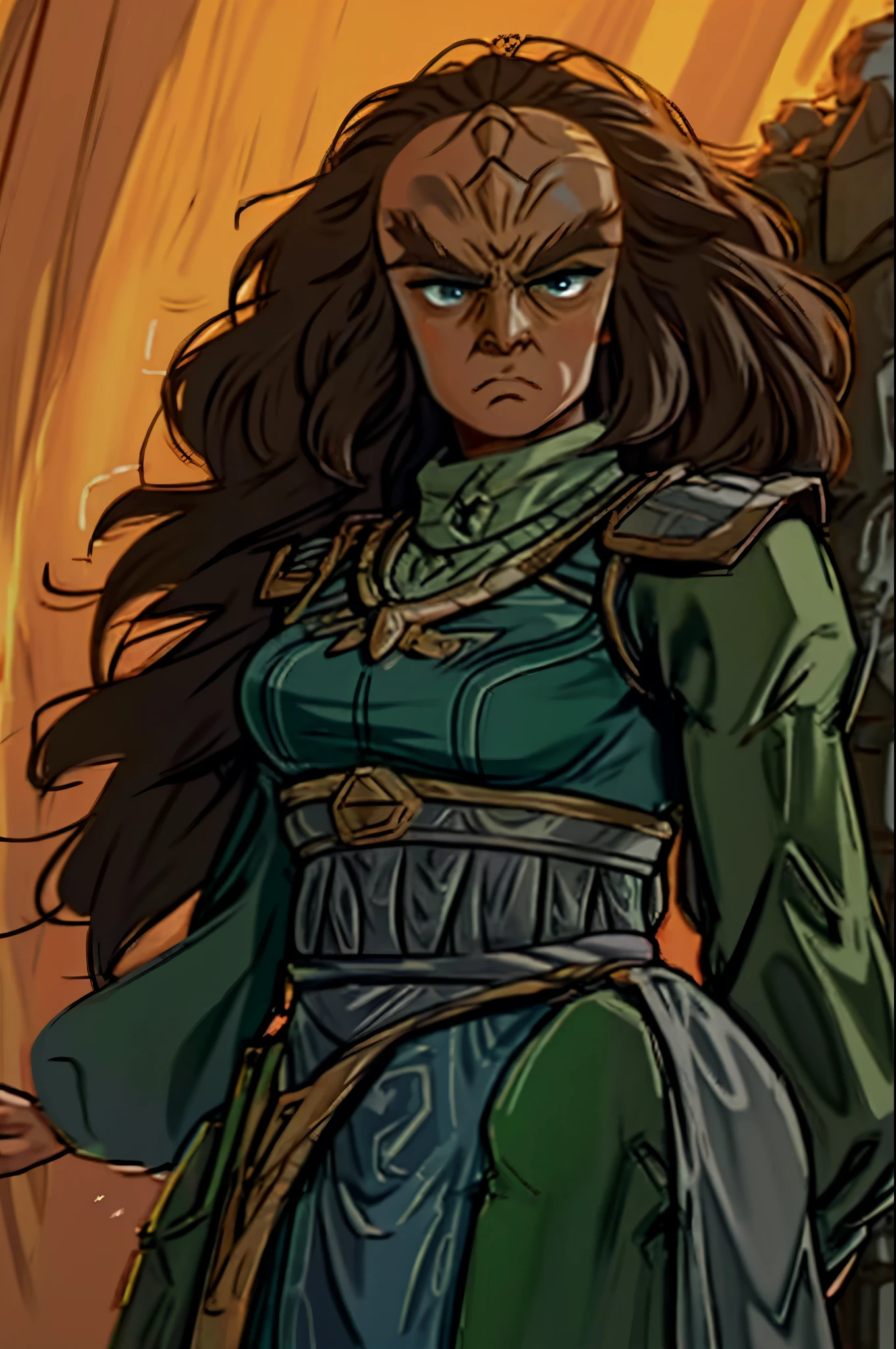 fullbody fullframe  princess zelda  klingon forehead ridge thick eyebrows dark skin stash armour grumpy expressive emotions
