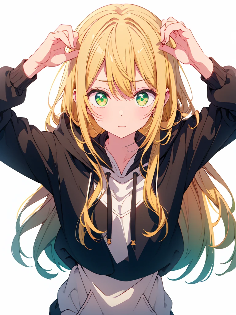 blonde,green eyes,black hoodie,long hair,wavy hair、white background、simple background