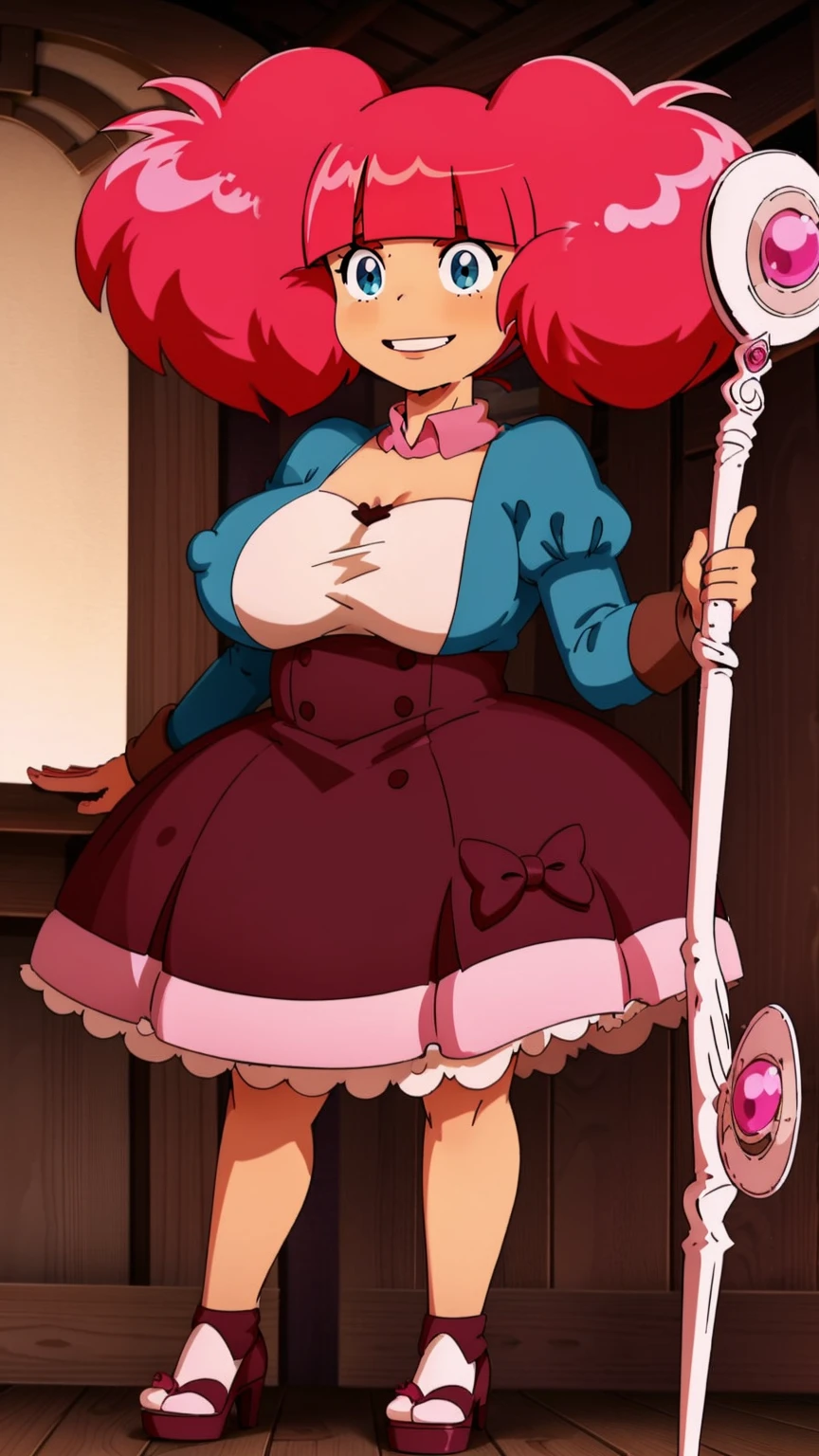 Rosemary, cheveux roses,  avec grosse poitrine,smile, staff,full body, huge breast, curvy, refsheet, pink hair, red hair