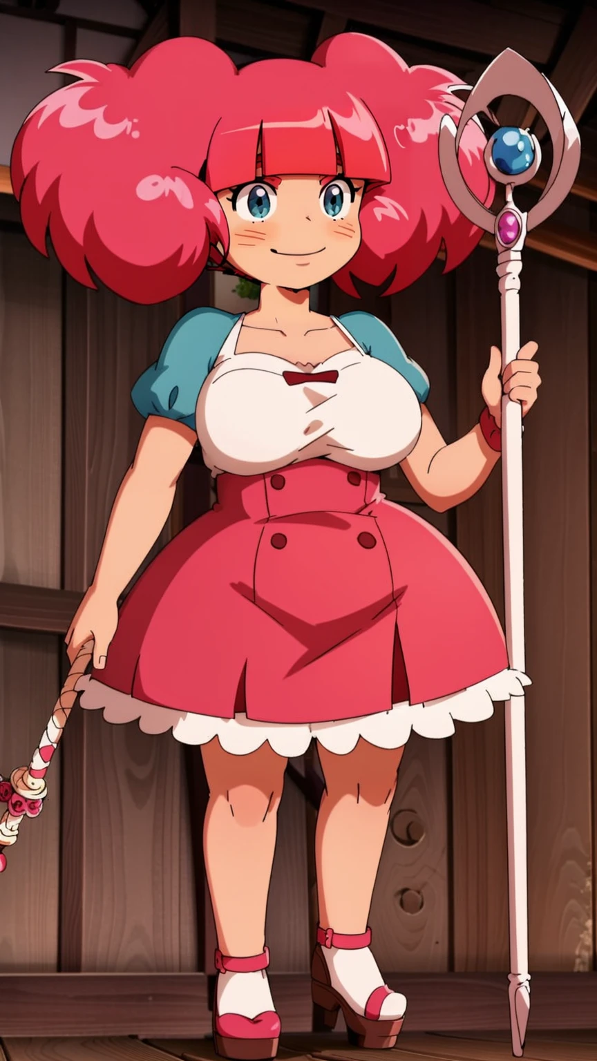 Rosemary, cheveux roses,  avec grosse poitrine,smile, staff,full body, huge breast, curvy, refsheet, pink hair, red hair