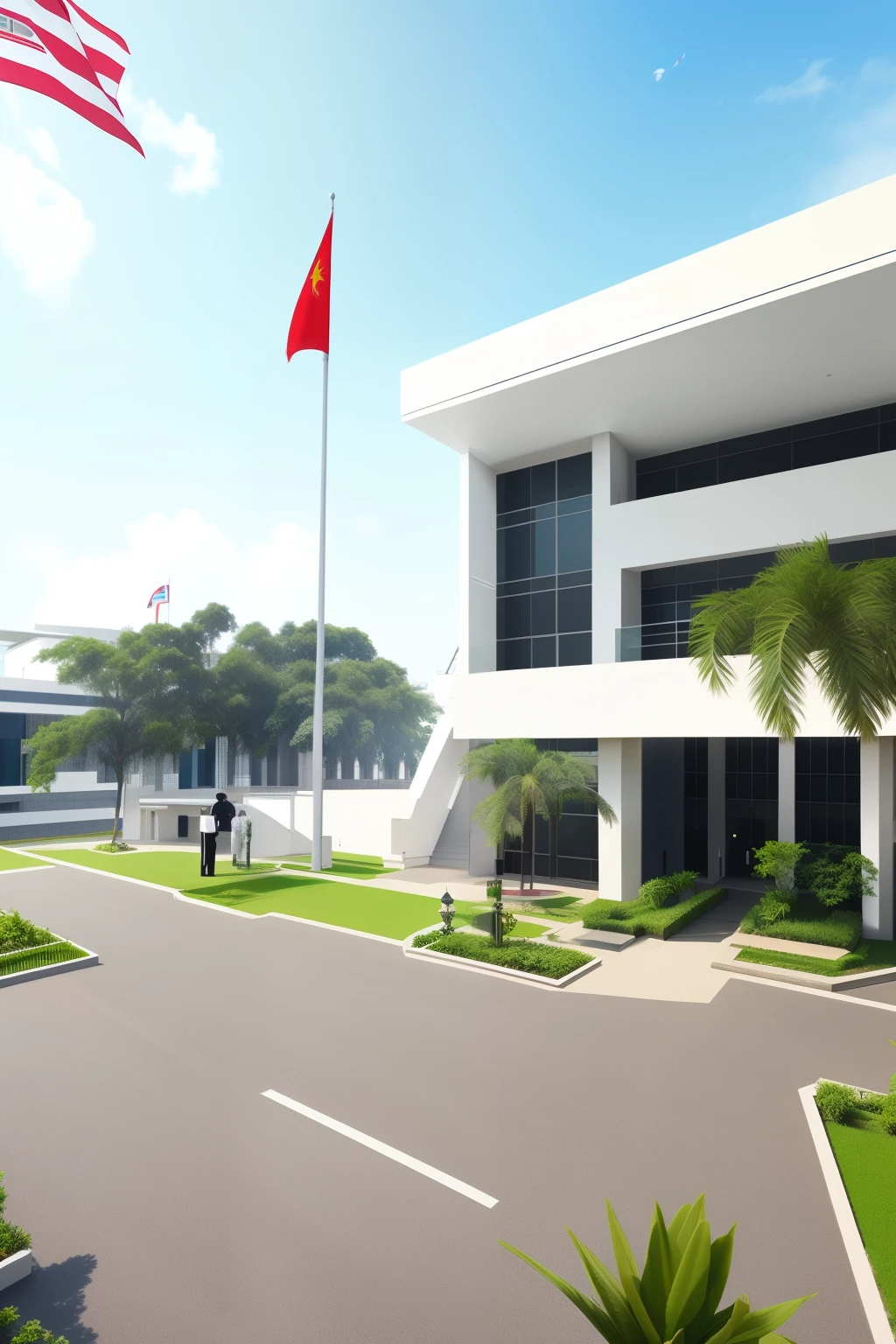 there  a building with a flag on the front of it, clean image, frontview, student, full - view, private academy entrance, beautiful image, arsitektur nusantara, taken with the best dlsr camera, town hall, frontal picture, outside view, front-view, view from front, front side view, front side, entrance
