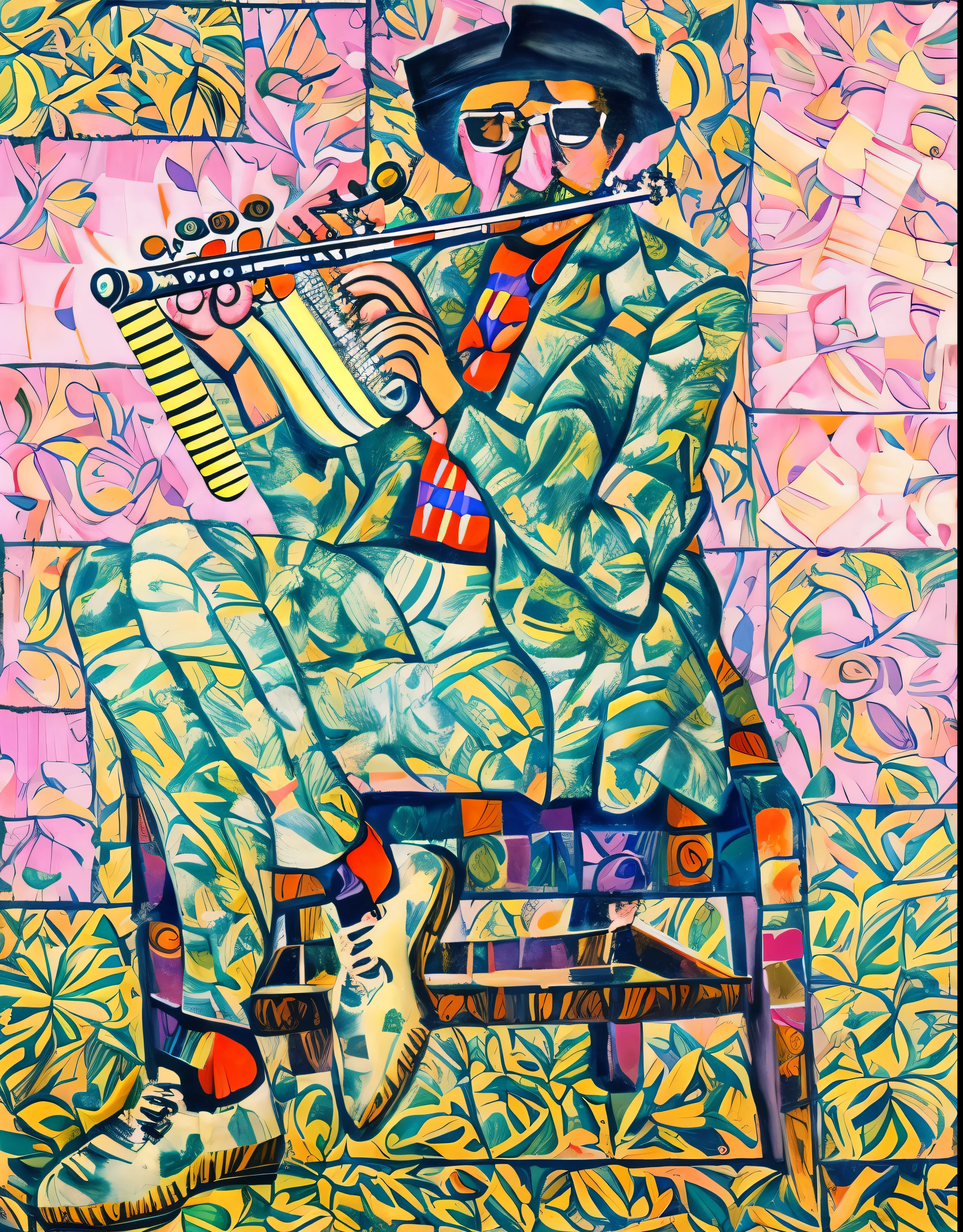 painting of a man sitting on a chair playing a flute, musician, denis sarazhin, inspired by Walter Sickert, by Béla Iványi-Grünwald, by Dora Carrington, by Joseph Mehoffer, by Pavel Filonov, yaroslav tokar, by Bohumil Kubista