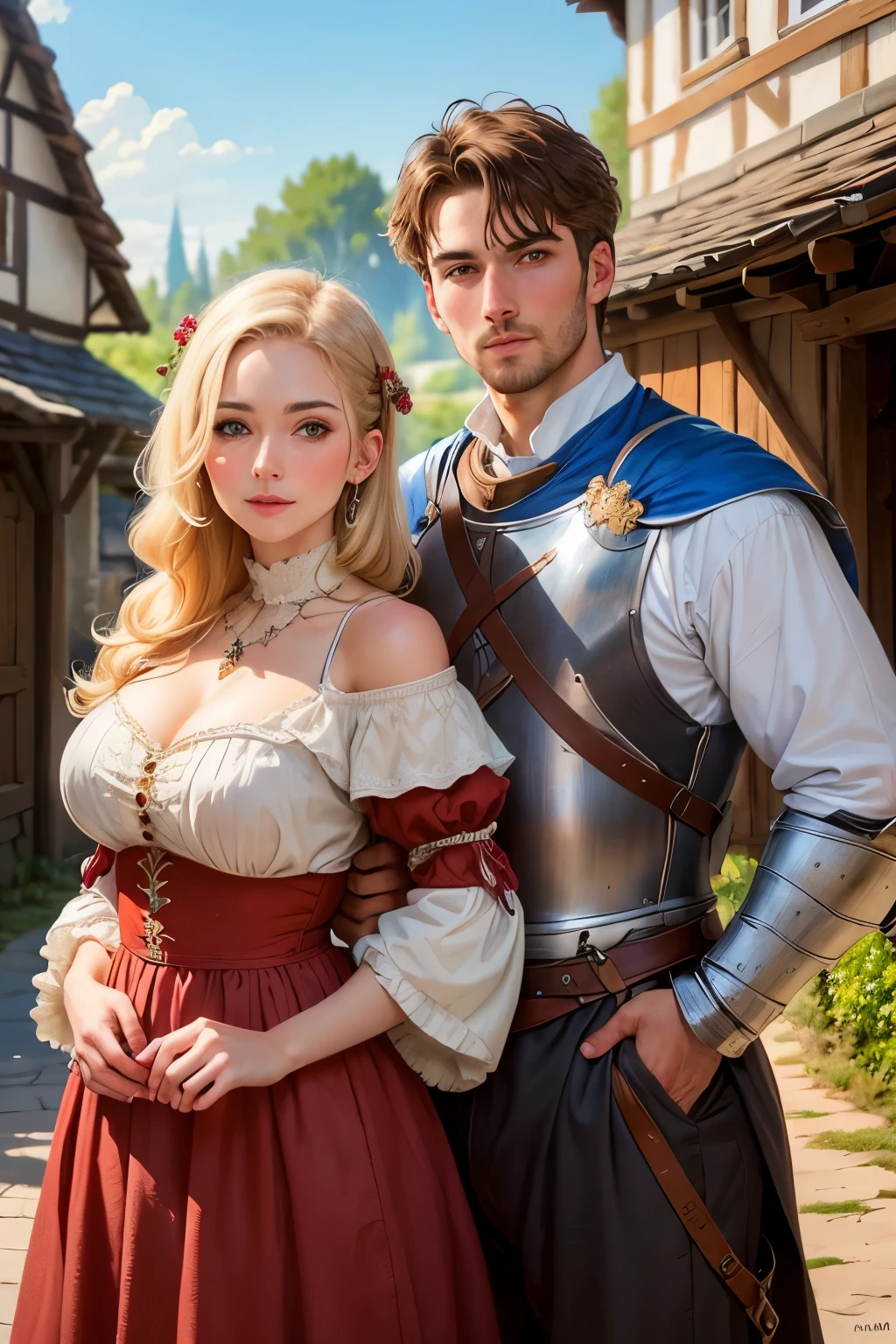 In a medieval village, a man is drawn to a quaint tavern where a woman dressed as a tavern maiden greets him. Her handmade outfit, a simple yet alluring dress with a cinched waist and flowing skirt, hints at her playful nature. The room is filled with warmth and laughter as they share a private moment by the fire.

