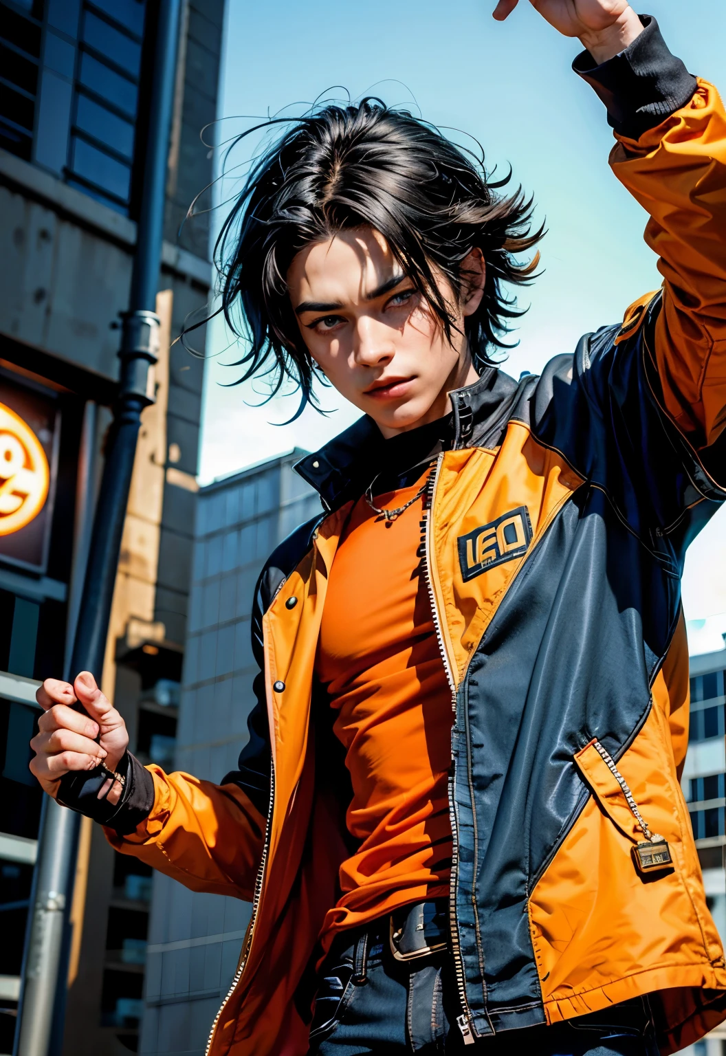 Make me a young rocker with black hair, blue eyes and an orange prison outfit, BOY, boy