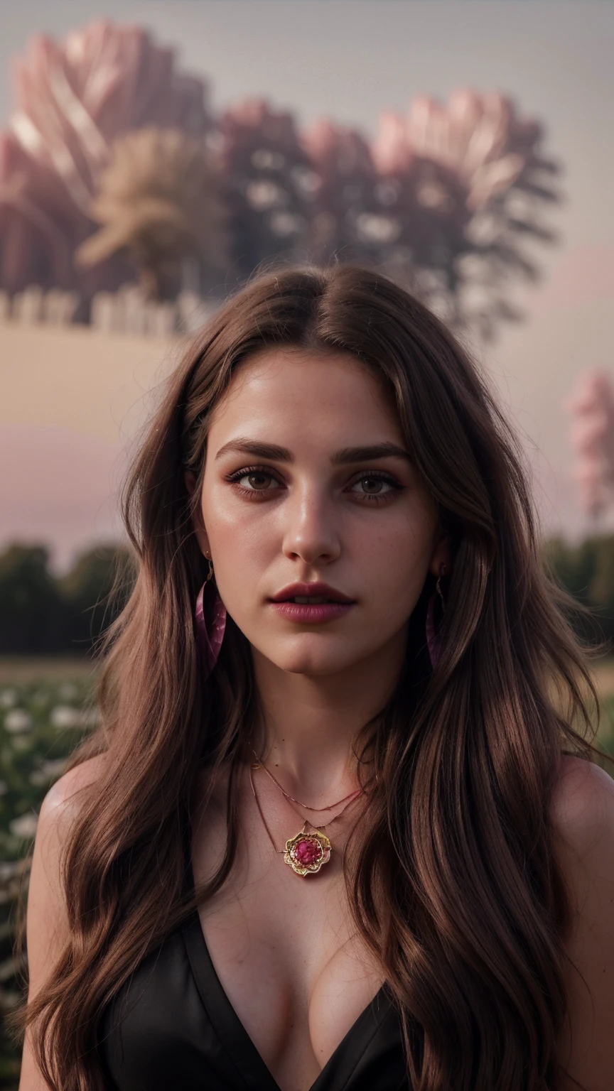 Wavy brown hair, (RAW photo, realism: 1.8), (very dark lip gloss, jet pink lipstick, many eyelashes, dark black eye shadow, shy, blushing, high quality, high resolution, chromatic aberration, caustic, wide light, natural colors, 20 year old woman), necklaces, chokers, earrings, bracelets, wear many accessories, style A good woman,l, silk pink shirt, standing, posing for photograph, beautiful skin, lots of exposure, very line, looks delicious, lips that make you want to kiss, scruffy futon, giant rose farm field, golden sun in background,