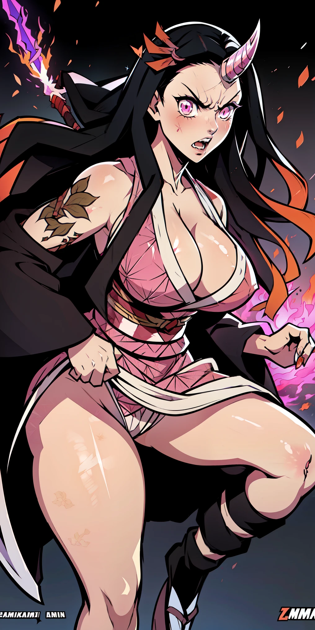 Hyper realistic super detailed sexy (ultra realistic photo of Nezuko kamado goddess of beauty, bright pink eyes, angry angry expression, she has a horn, 8k, UHD, hottie with ultra giant breasts, huge long breasts sticking out of her kimono, erotic, with long black hair and orange tips, sexy pink japanese kimono ), Nezuko with a piece of bamboo stuck up her ass, (Nezuko, Nezuko-chan, Demon Slayer art style, kimetsu on yaiba), female anime character, (Nezuko, in her demon form, Huge breasts, giant long breasts sticking out of her clothes, her breasts stick out of her kimono, showing beautiful pointy breasts), ( she has leaf tattoos running down her sexy erotic body), Demon Slayer fanart, wielding kunai, clean and detailed anime art, a very beautiful woman, by Kamagurka, professional art, perfect detailed, (Nezuko kamado in her demonic form, based on the demon slayer kimetsu no yaiba), cleavage、((Flames flutter、be covered in sparkire burns))