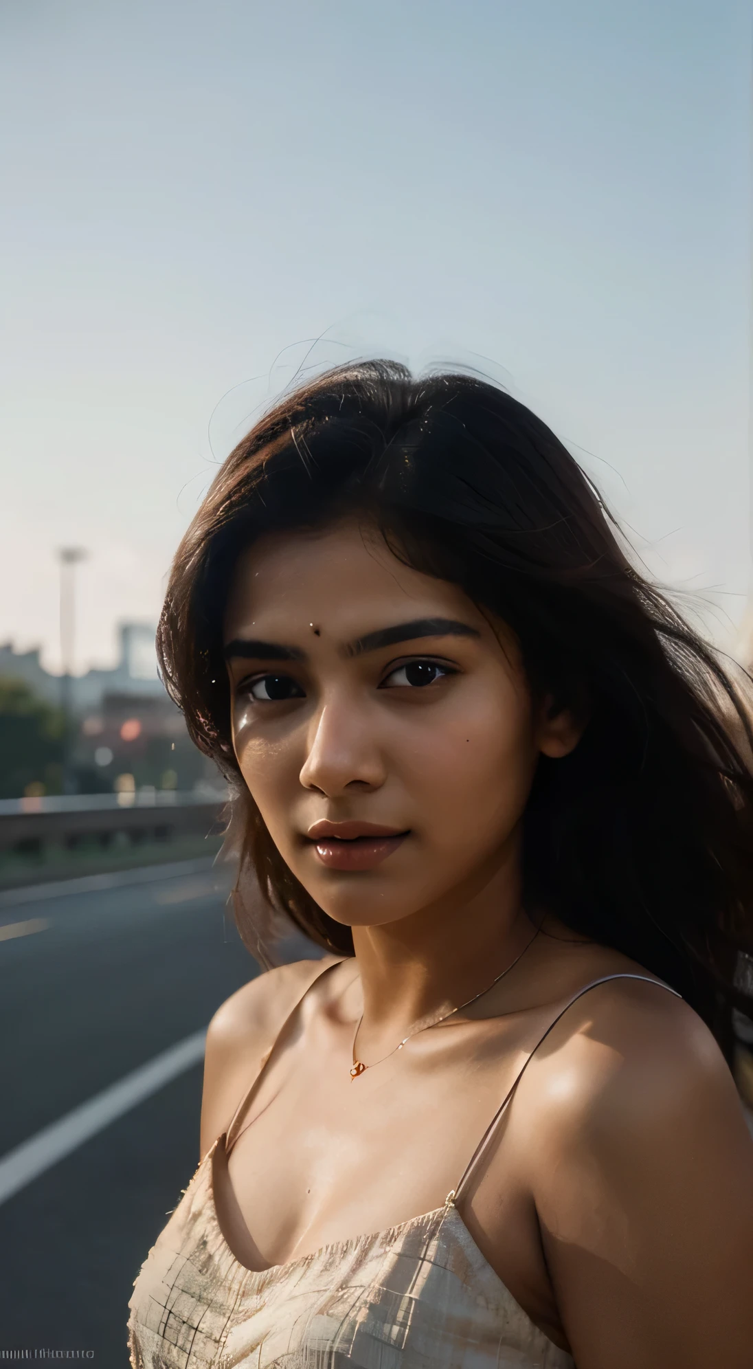 young Indian girl, 18-year-old, red top, gentle lighting, intricate facial details, flawless complexion, top-notch 3D rendering, hyper-realistic, shot on Indian road. photorealistic digital art trending on Artstation 8k HD high definition detailed realistic, detailed, skin texture, hyper detailed, realistic skin texture, armature, best quality, ultra high res, (photorealistic:1.4),, high resolution, detailed, raw photo, 400 camera f1.6 lens rich colors hyper realistic lifelike texture dramatic lighting unrealengine trending on artstation cinestill 800