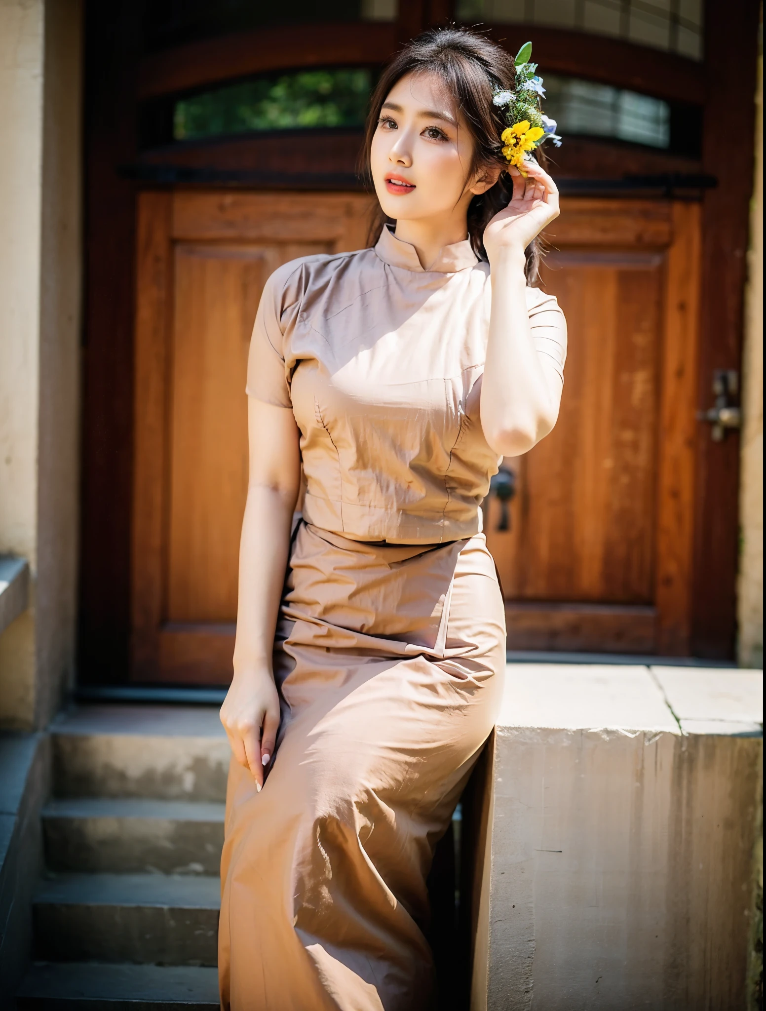 Asian woman in a skirt and white shirt standing on steps, traditional beauty, wearing beautiful clothes, traditional dress, acmm ss outfit, acmm long skirt, wearing acmm top, very attractive and beautiful, with lovely look, traditional clothes, very beautiful enga style,