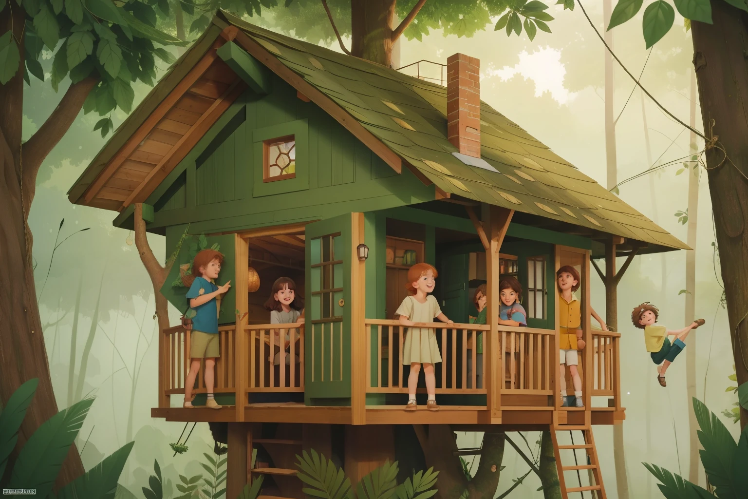 The Secluded Treehouse Hideaway: Illustrate a group of friends, tweens with freckles and tousled hair, spending a lazy afternoon in a secluded treehouse. Surrounded by lush greenery, they engage in storytelling and laughter. The carefree atmosphere of childhood friendship should be captured in Wes Anderson's nostalgic colors.